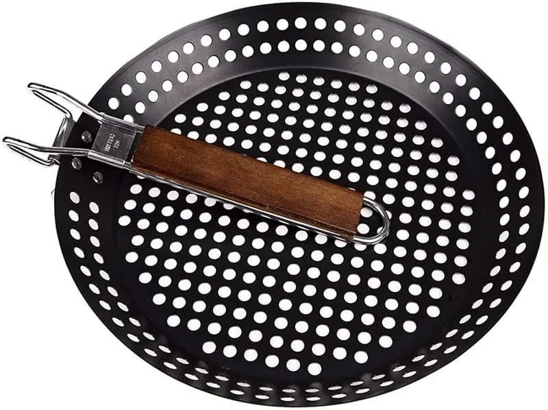 تابه گریل باربیکیو نچسب MEETOZ، تابه BBQ با دسته چوبی تاشو و سوراخ دار، لوازم جانبی گریل، ابزار پخت و پز، 12 اینچ