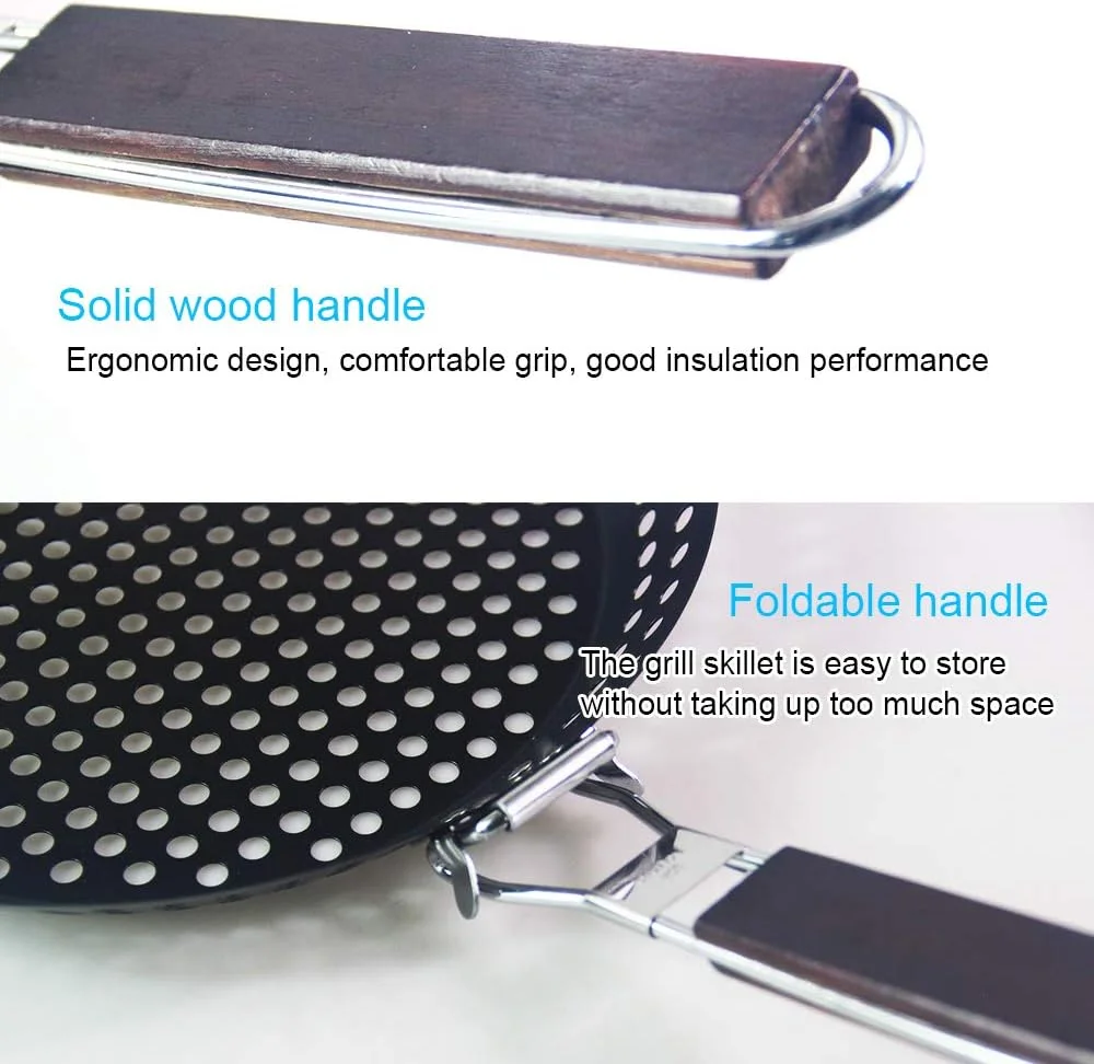 تابه گریل باربیکیو نچسب MEETOZ، تابه BBQ با دسته چوبی تاشو و سوراخ دار، لوازم جانبی گریل، ابزار پخت و پز، 12 اینچ