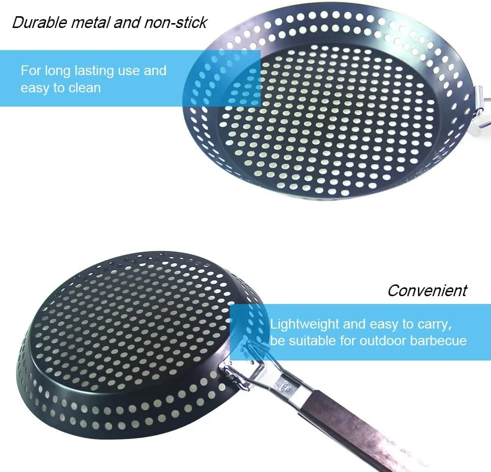 تابه گریل باربیکیو نچسب MEETOZ، تابه BBQ با دسته چوبی تاشو و سوراخ دار، لوازم جانبی گریل، ابزار پخت و پز، 12 اینچ