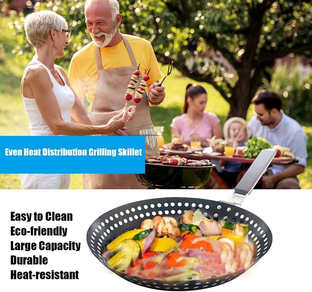 تابه گریل باربیکیو نچسب MEETOZ، تابه BBQ با دسته چوبی تاشو و سوراخ دار، لوازم جانبی گریل، ابزار پخت و پز، 12 اینچ