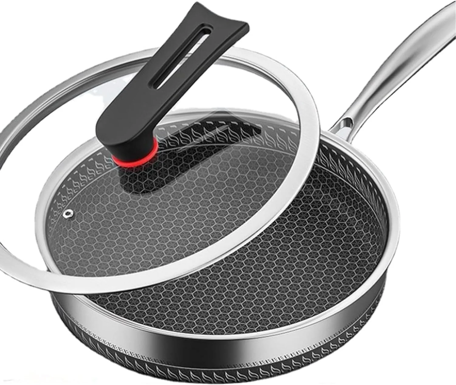 تابه استیل ضد زنگ پرفورلد 28 سانتی متری، تابه نچسب با حکاکی لانه زنبوری، تابه القایی سازگار با تمام اجاق گازها، به همراه درب عمودی، قابل شستشو در ماشین ظرفشویی و فر