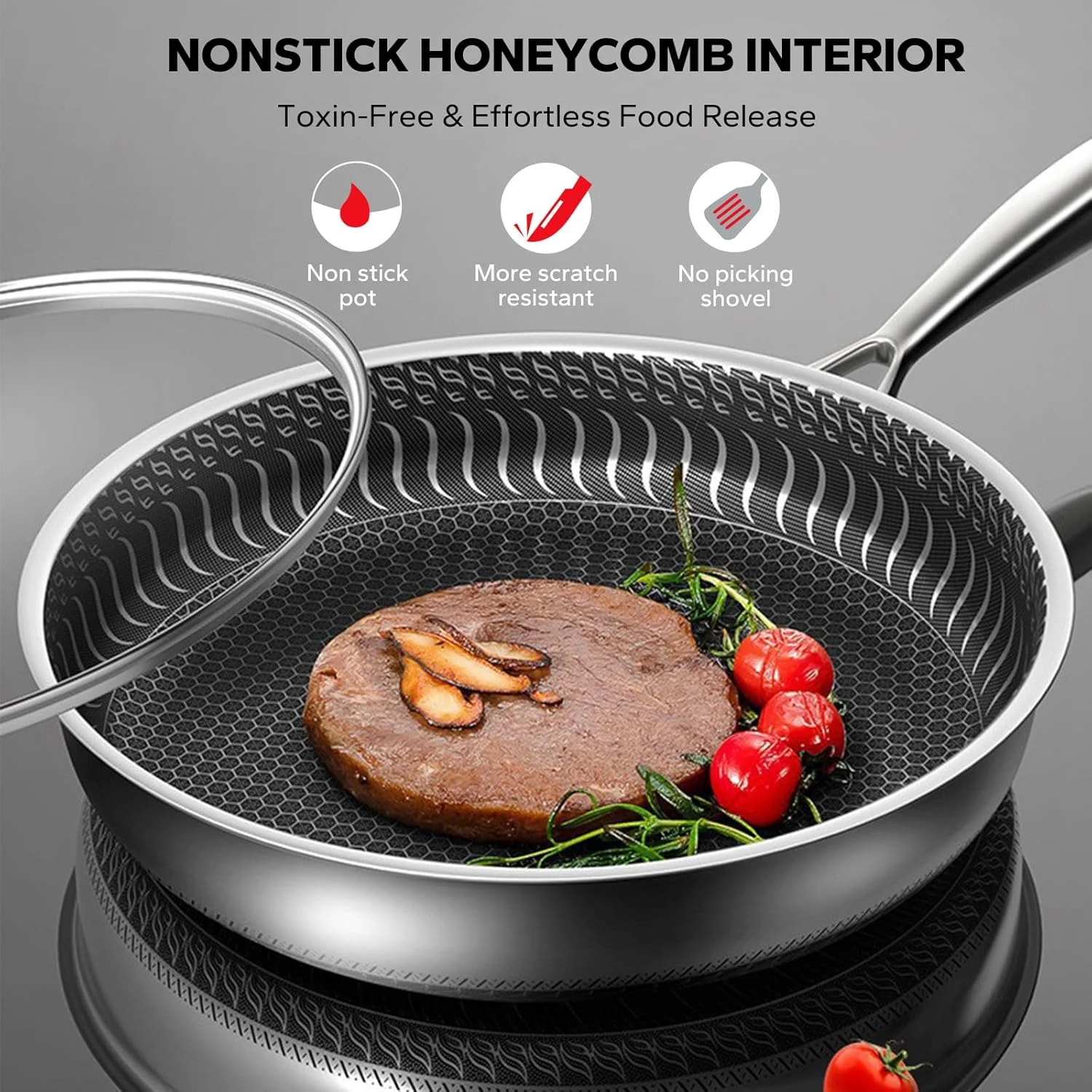 تابه استیل ضد زنگ پرفورلد 28 سانتی متری، تابه نچسب با حکاکی لانه زنبوری، تابه القایی سازگار با تمام اجاق گازها، به همراه درب عمودی، قابل شستشو در ماشین ظرفشویی و فر