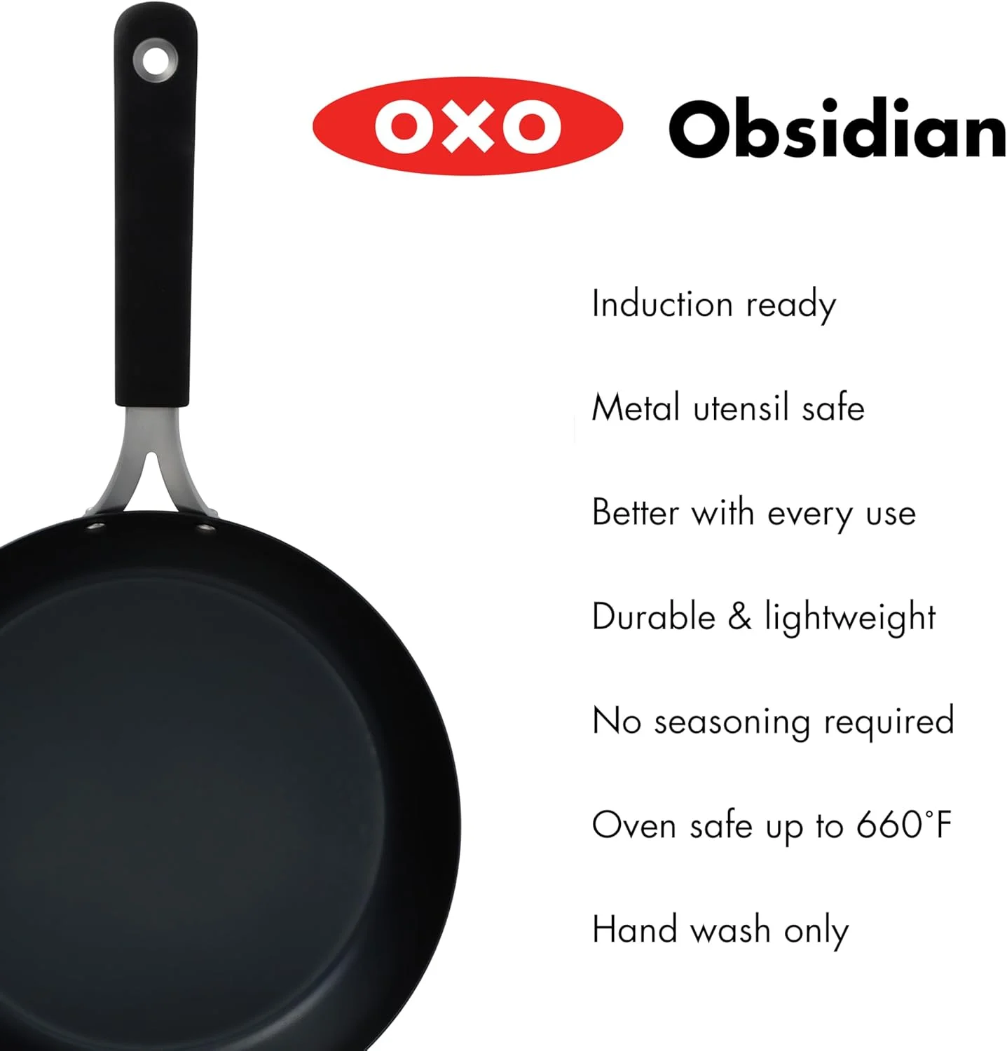تابه استیل کربنی از پیش آماده شده OXO Obsidian، سایز 10 اینچ به همراه دسته سیلیکونی جداشدنی، مناسب برای اجاق های القایی و فر، مشکی