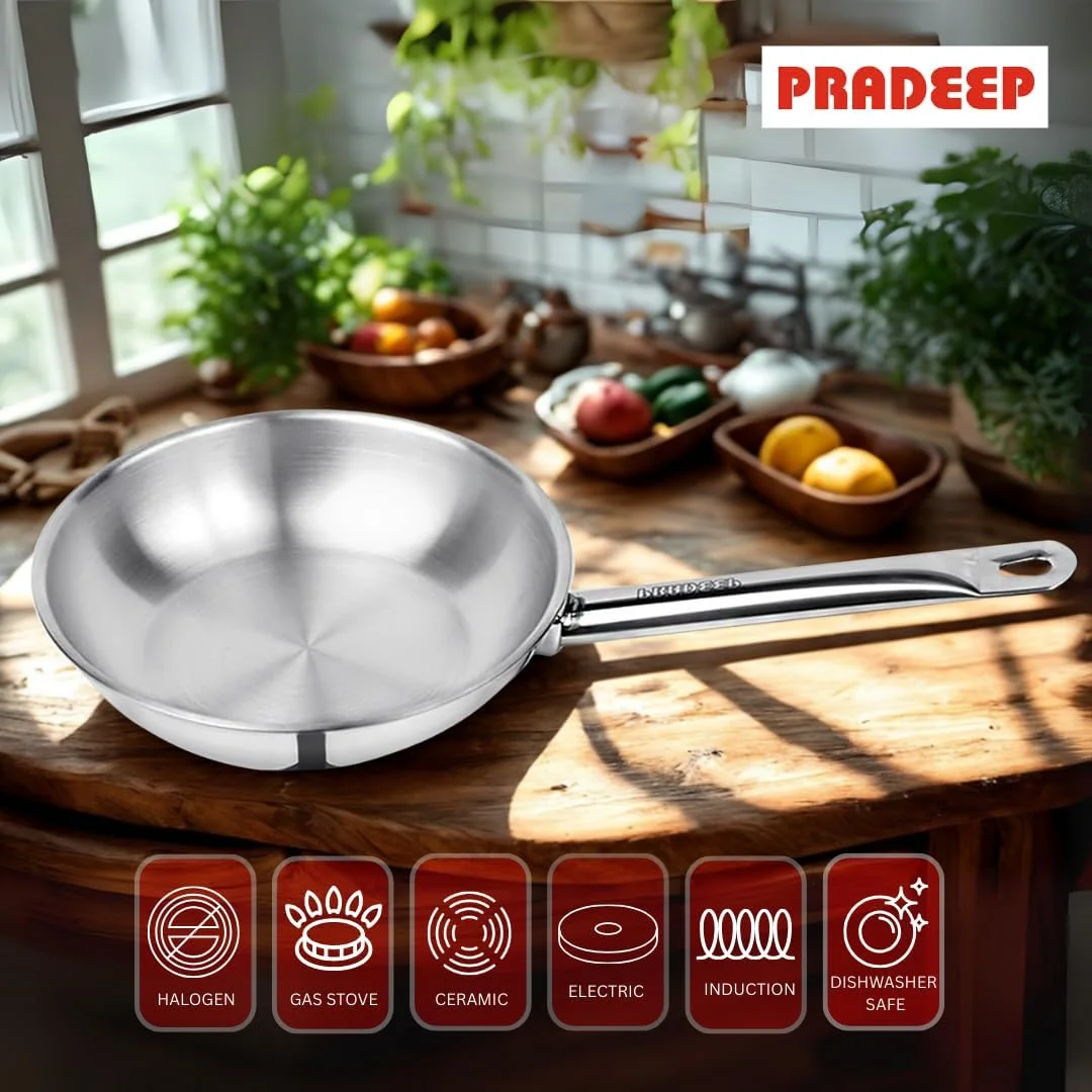 تابه سرخ کردنی خانگی پرادیپ بدون درب | استیل ضد زنگ 3 لایه | توزیع یکنواخت حرارت | دسته بادوام و محکم | سازگار با تمام اجاق گازها | سالم و غیر سمی | قابل شستشو در ماشین ظرفشویی (3.2 لیتر)