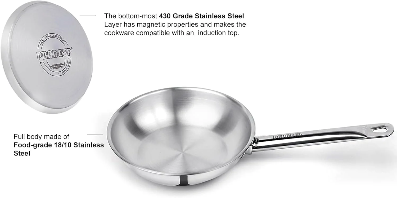 تابه سرخ کردنی خانگی پرادیپ بدون درب | استیل ضد زنگ 3 لایه | توزیع یکنواخت حرارت | دسته بادوام و محکم | سازگار با تمام اجاق گازها | سالم و غیر سمی | قابل شستشو در ماشین ظرفشویی (3.2 لیتر)