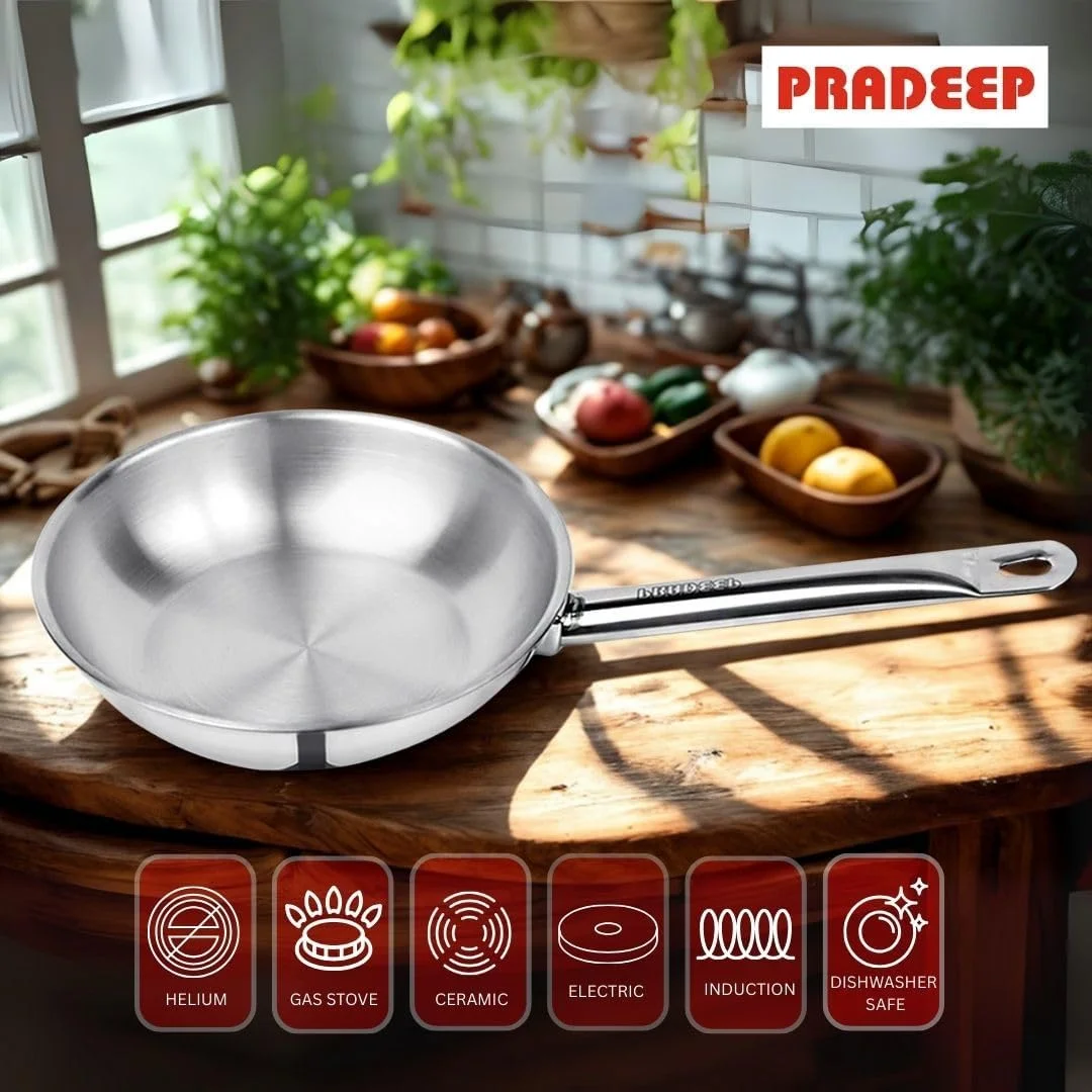 تابه سرخ کردنی خانگی پرادیپ بدون درب | استیل ضد زنگ 3 لایه | توزیع یکنواخت حرارت | دسته بادوام و محکم | سازگار با تمام اجاق گازها | سالم و غیر سمی | قابل شستشو در ماشین ظرفشویی (3.2 لیتر)