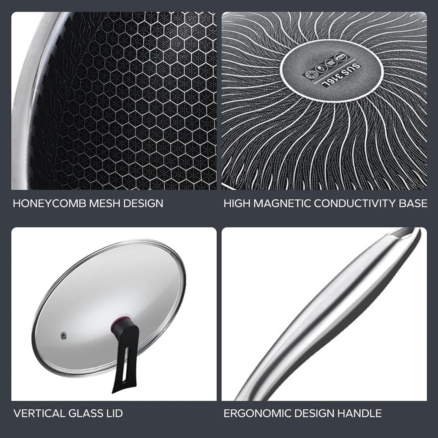 تابه استیل ضد زنگ پرفورلد 28 سانتی متری، تابه نچسب با حکاکی لانه زنبوری، تابه القایی سازگار با تمام اجاق گازها، به همراه درب عمودی، قابل شستشو در ماشین ظرفشویی و فر