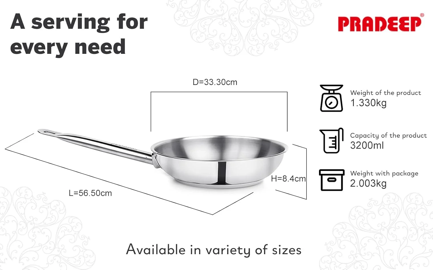 تابه سرخ کردنی خانگی پرادیپ بدون درب | استیل ضد زنگ 3 لایه | توزیع یکنواخت حرارت | دسته بادوام و محکم | سازگار با تمام اجاق گازها | سالم و غیر سمی | قابل شستشو در ماشین ظرفشویی (3.2 لیتر)