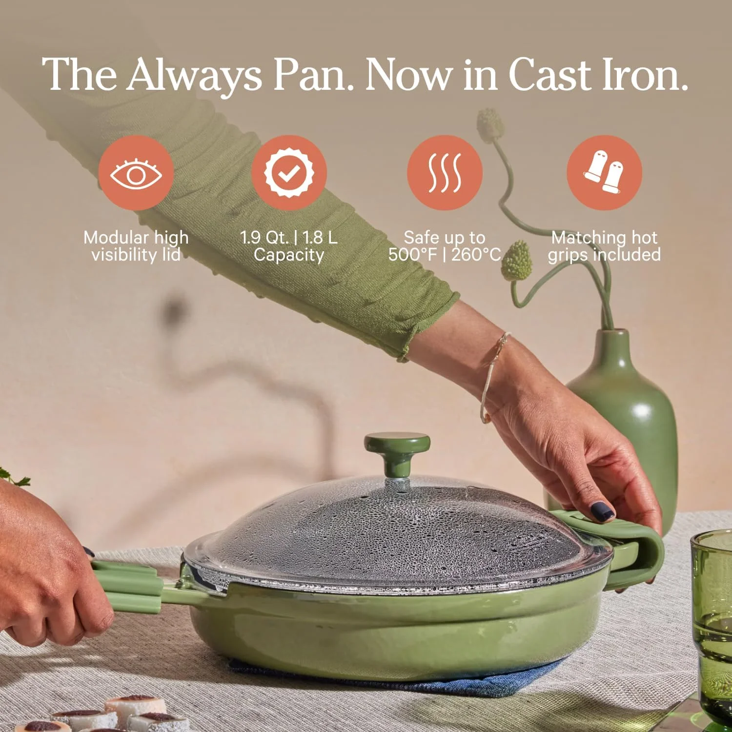 تابه چدنی آلوِیز پِلِیس | سطح میناکاری شده ممتاز و بدون مواد سمی | سیستم پخت و پز چند منظوره 8 در 1 با قطر 10 اینچ | درب، روکش دسته | تابه سنگین | ایمن برای فر و حرارت بالا | رنگ مریم گلی