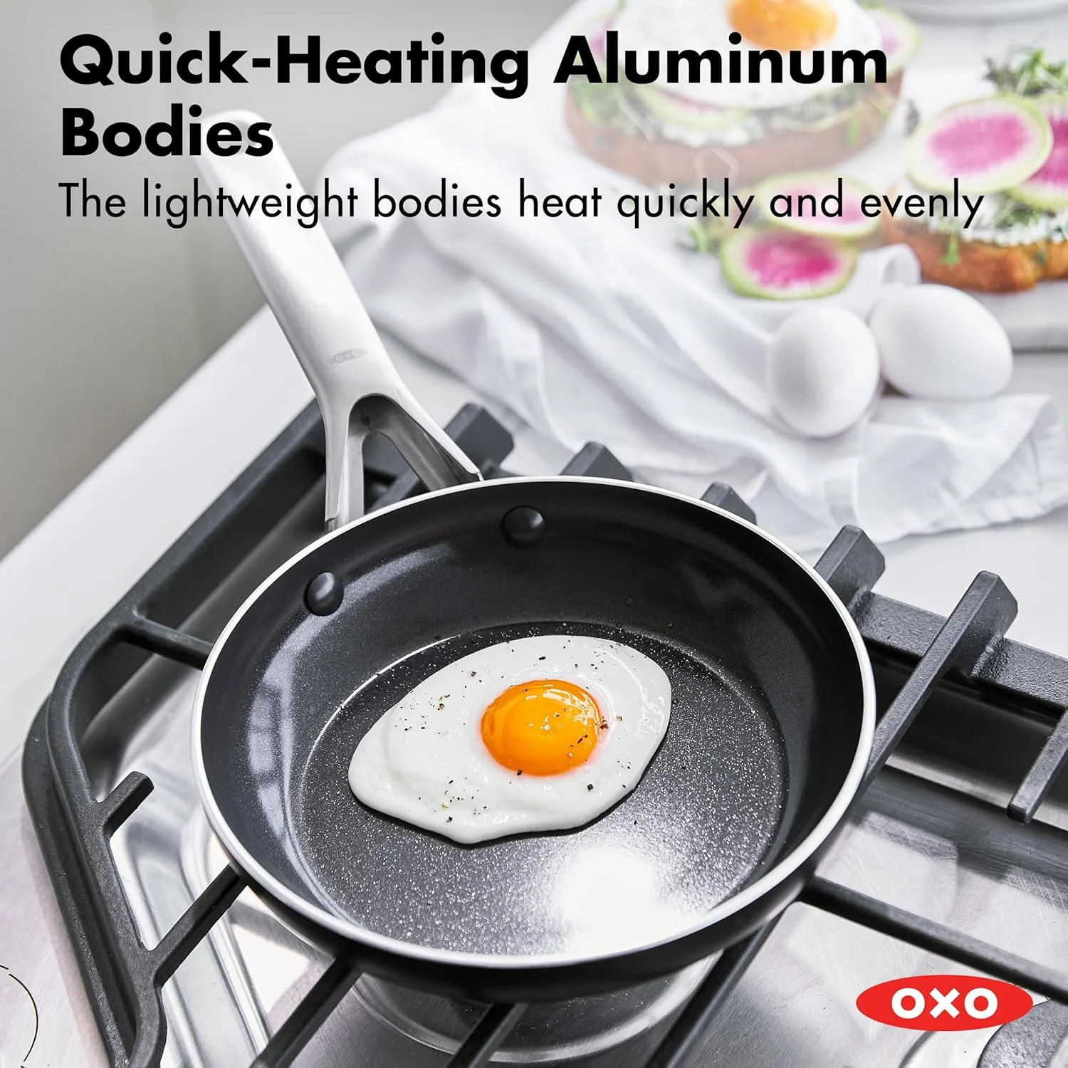 تابه سرخ کن 20 سانتی متری OXO سری Agility، آلومینیوم نچسب سبک وزن بدون PFAS، مناسب برای اجاق های القایی، گرم شدن سریع و یکنواخت، دسته های استیل ضد زنگ، لبه های بدون تراشه، قابل شستشو در ماشین ظرفشویی و قابل استفاده در فر، مشکی