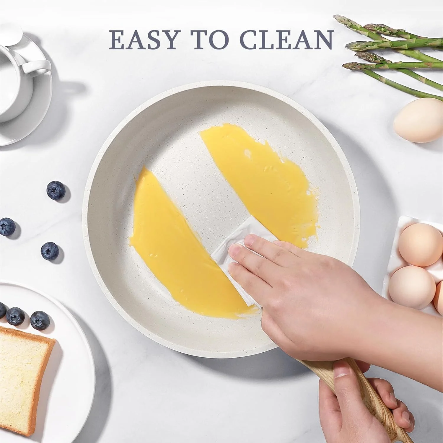 تابه نچسب با درب - تابه نچسب گرانیتی سفید 8 اینچی، تابه املت با دسته مقاوم در برابر حرارت، سازگار با تمام اجاق گازها، بدون PFOA (24 سانتی متر)