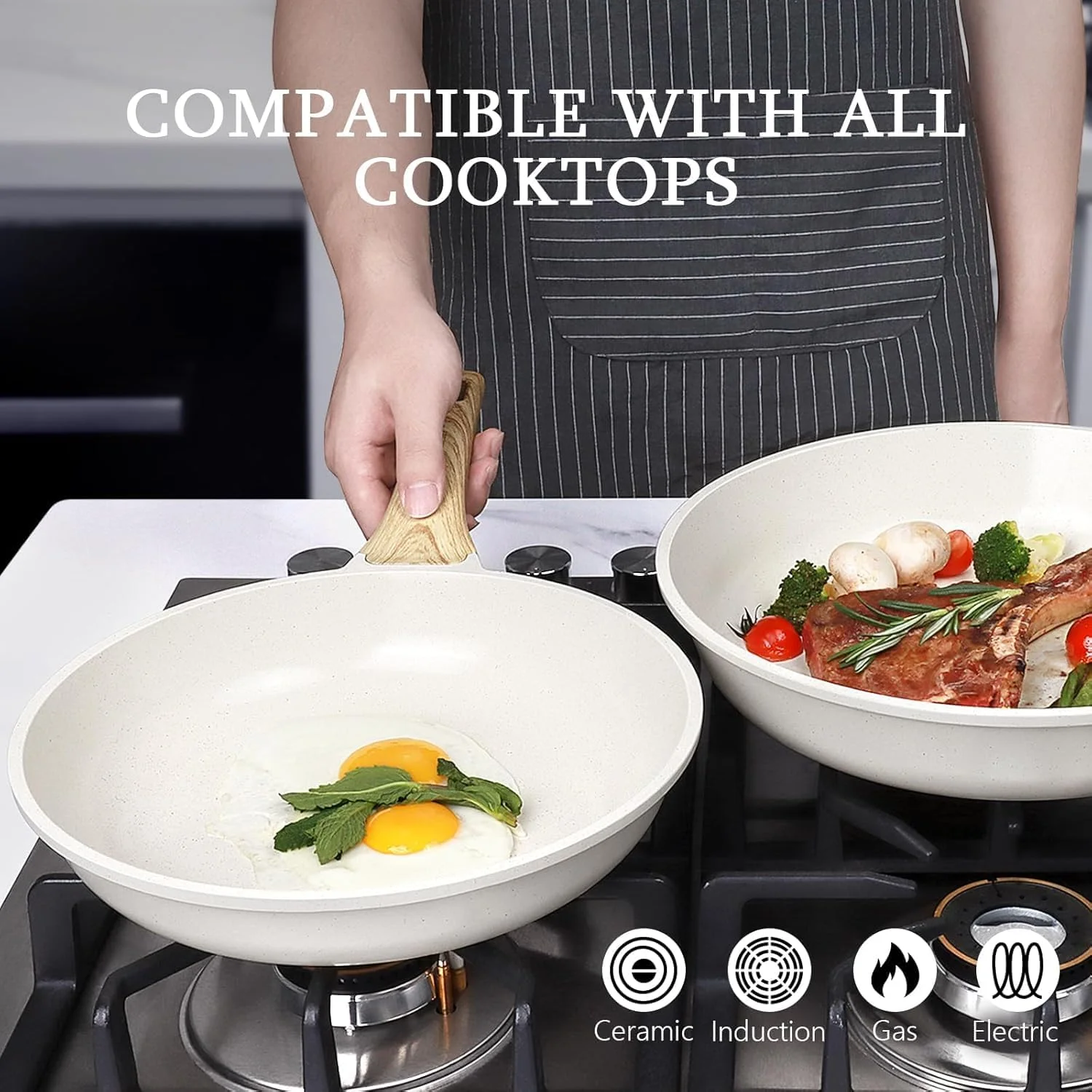 تابه نچسب با درب - تابه نچسب گرانیتی سفید 8 اینچی، تابه املت با دسته مقاوم در برابر حرارت، سازگار با تمام اجاق گازها، بدون PFOA (24 سانتی متر)