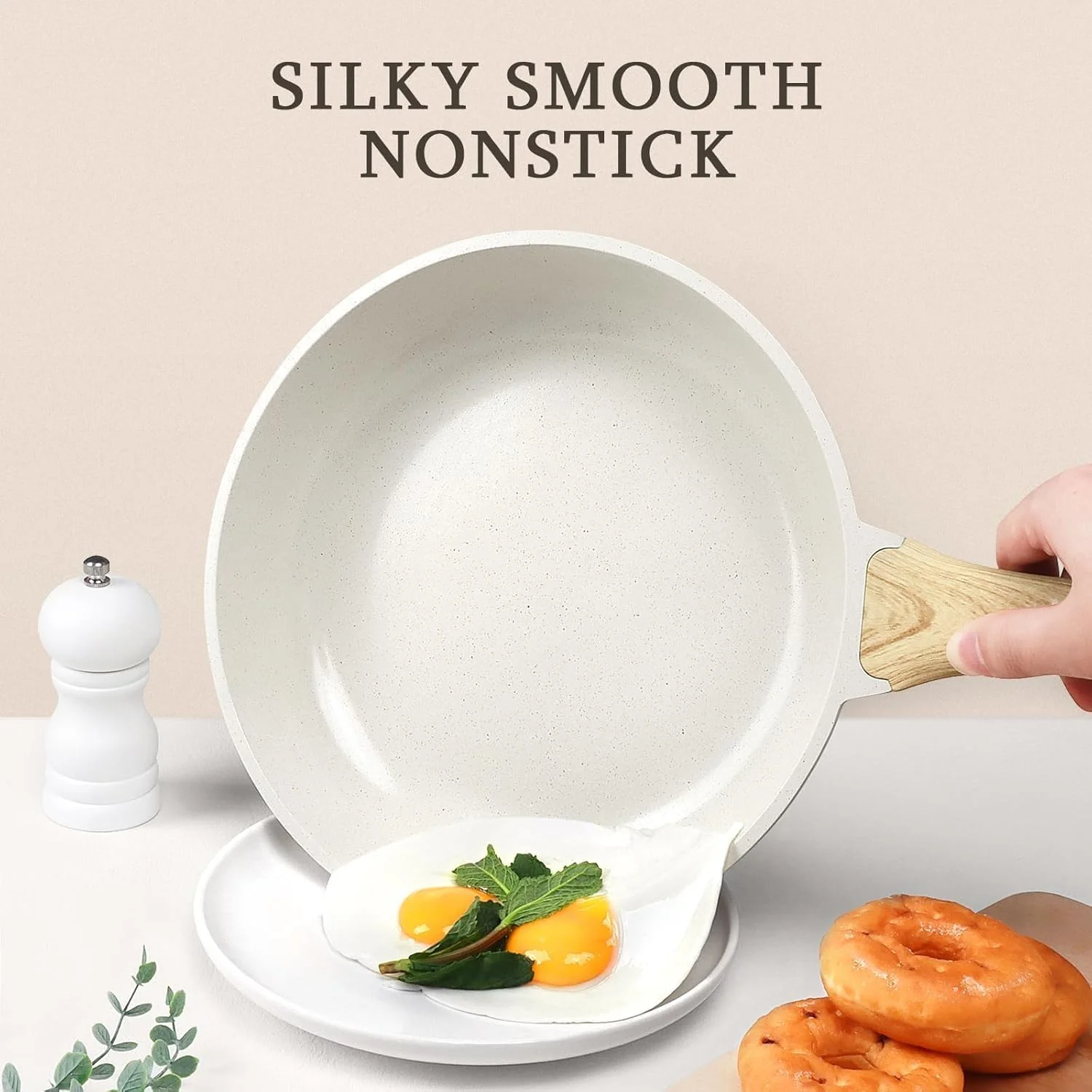 تابه نچسب با درب - تابه نچسب گرانیتی سفید 8 اینچی، تابه املت با دسته مقاوم در برابر حرارت، سازگار با تمام اجاق گازها، بدون PFOA (24 سانتی متر)