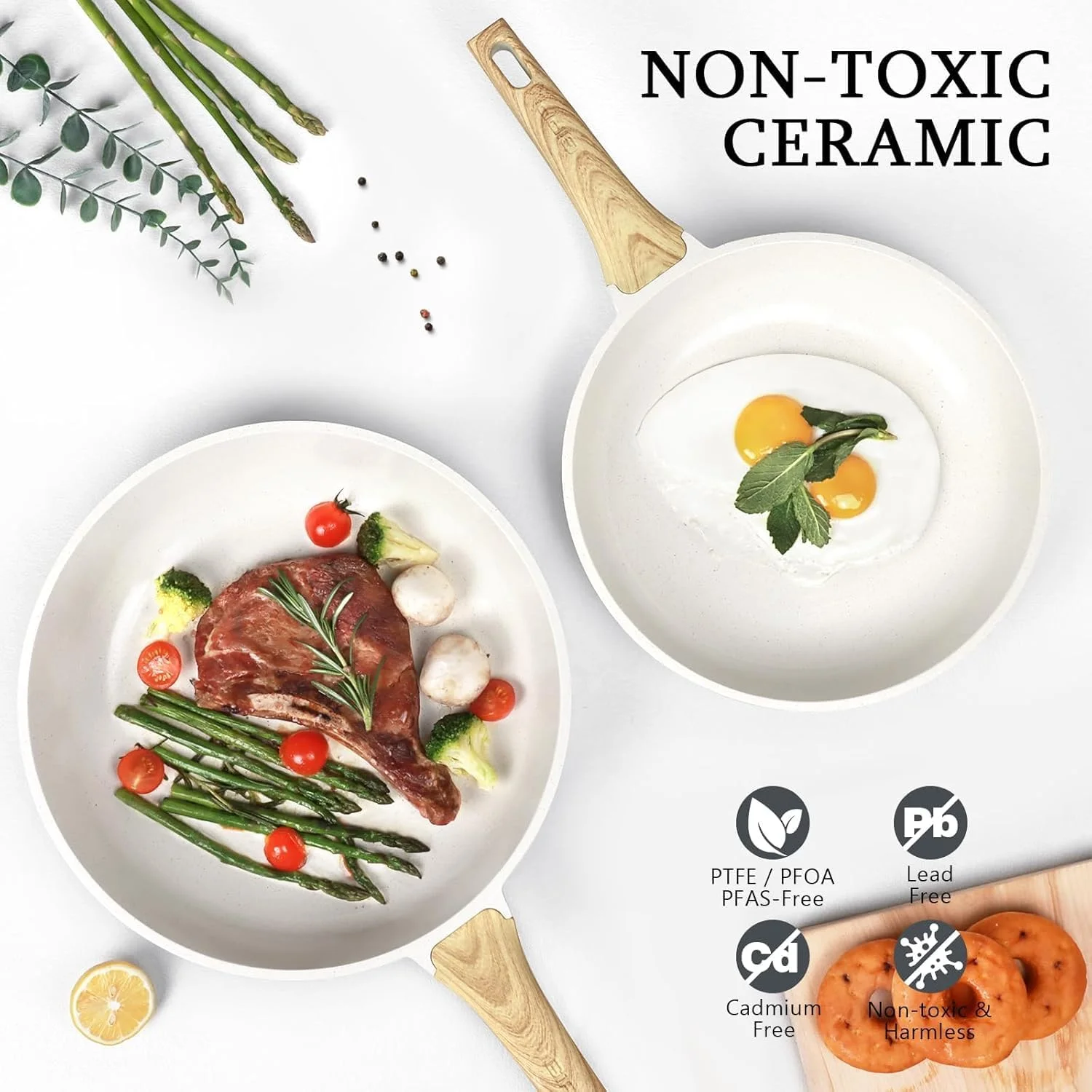 تابه نچسب با درب - تابه نچسب گرانیتی سفید 8 اینچی، تابه املت با دسته مقاوم در برابر حرارت، سازگار با تمام اجاق گازها، بدون PFOA (24 سانتی متر)