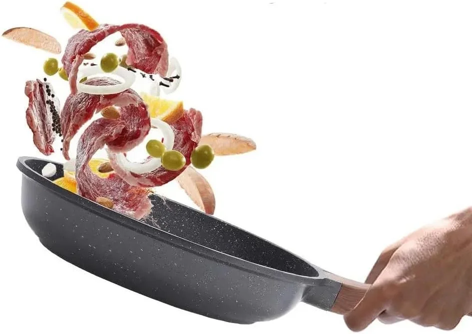 تابه نچسب وی او با روکش مرمر گرانیتی، تابه سرخ کن با دسته باکالیت خنک شونده، مناسب برای پخت و پز سالم، ضخامت 3 میلی متر، بدون PFOA، مناسب برای همه اجاق ها، سایز بزرگ 26 سانتی متر