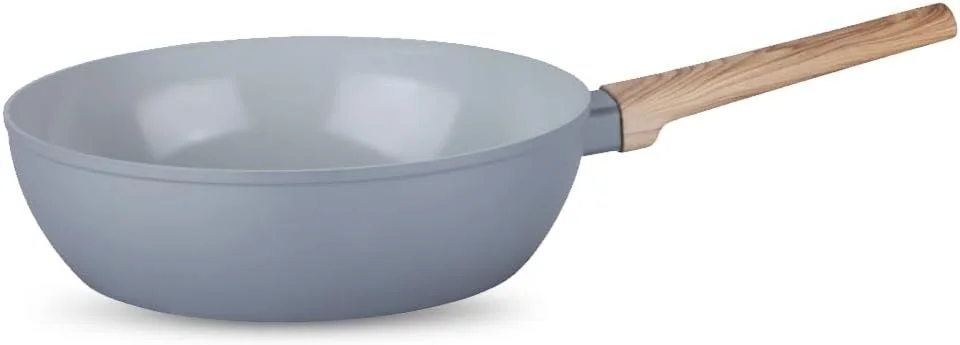 تابه سرخ کن گود ناتیلوس لوازم آشپزخانه 24 سانتی متری آلومینیوم فورج شده، تابه با پوشش سرامیکی، تابه نچسب بدون PFOA و قابل شستشو در ماشین ظرفشویی، دسته نرم - خاکستری/چوبی
