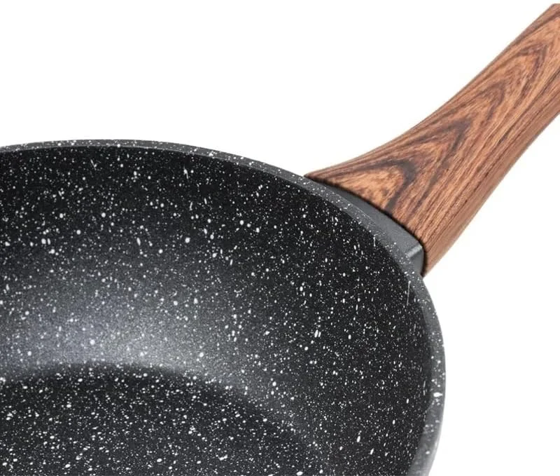 تابه نچسب وی او با روکش مرمر گرانیتی، تابه سرخ کن با دسته باکالیت خنک شونده، مناسب برای پخت و پز سالم، ضخامت 3 میلی متر، بدون PFOA، مناسب برای همه اجاق ها، سایز بزرگ 26 سانتی متر