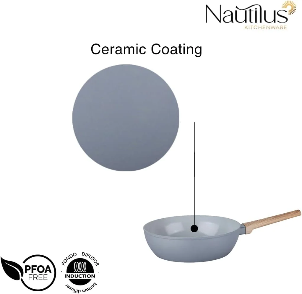 تابه سرخ کن گود ناتیلوس لوازم آشپزخانه 24 سانتی متری آلومینیوم فورج شده، تابه با پوشش سرامیکی، تابه نچسب بدون PFOA و قابل شستشو در ماشین ظرفشویی، دسته نرم - خاکستری/چوبی تابه سرخ کن گود ناتیلوس لوازم آشپزخانه 24 سانتی متری آلومینیوم فورج شده، تابه با پوشش سرامیکی، تابه نچسب بدون PFOA و قابل شستشو در ماشین ظرفشویی، دسته نرم - خاکستری/چوبی