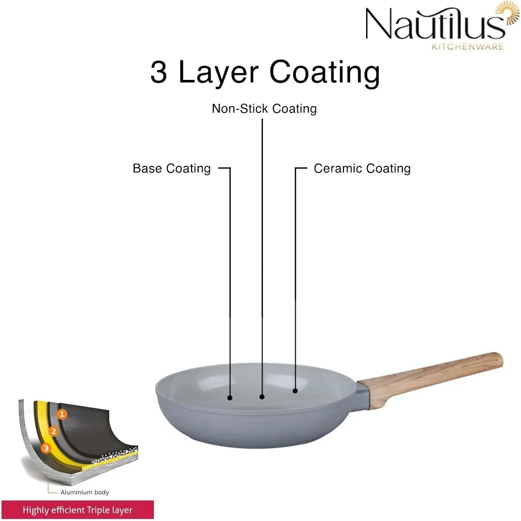 تابه سرخ کن گود ناتیلوس لوازم آشپزخانه 24 سانتی متری آلومینیوم فورج شده، تابه با پوشش سرامیکی، تابه نچسب بدون PFOA و قابل شستشو در ماشین ظرفشویی، دسته نرم - خاکستری/چوبی تابه سرخ کن گود ناتیلوس لوازم آشپزخانه 24 سانتی متری آلومینیوم فورج شده، تابه با پوشش سرامیکی، تابه نچسب بدون PFOA و قابل شستشو در ماشین ظرفشویی، دسته نرم - خاکستری/چوبی