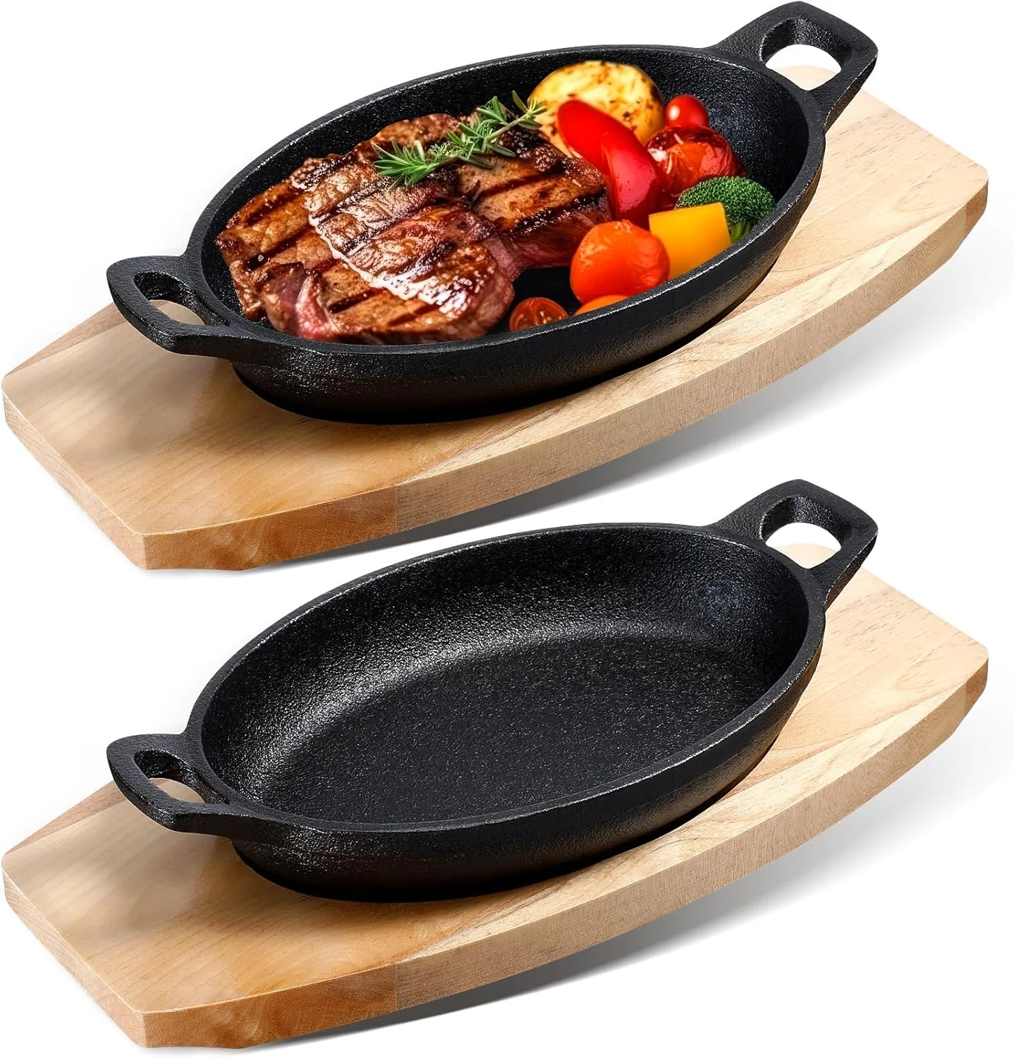 میفوچی 2 ست تابه چدنی با پایه چوبی، بشقاب های کوچک چدنی فاهیتا، تابه چدنی نانوایی مشکی مات، تابه کوچک چدنی برای آشپزخانه، رستوران، باربیکیو، شام (21.5x15.5x4.2 سانتی متر)