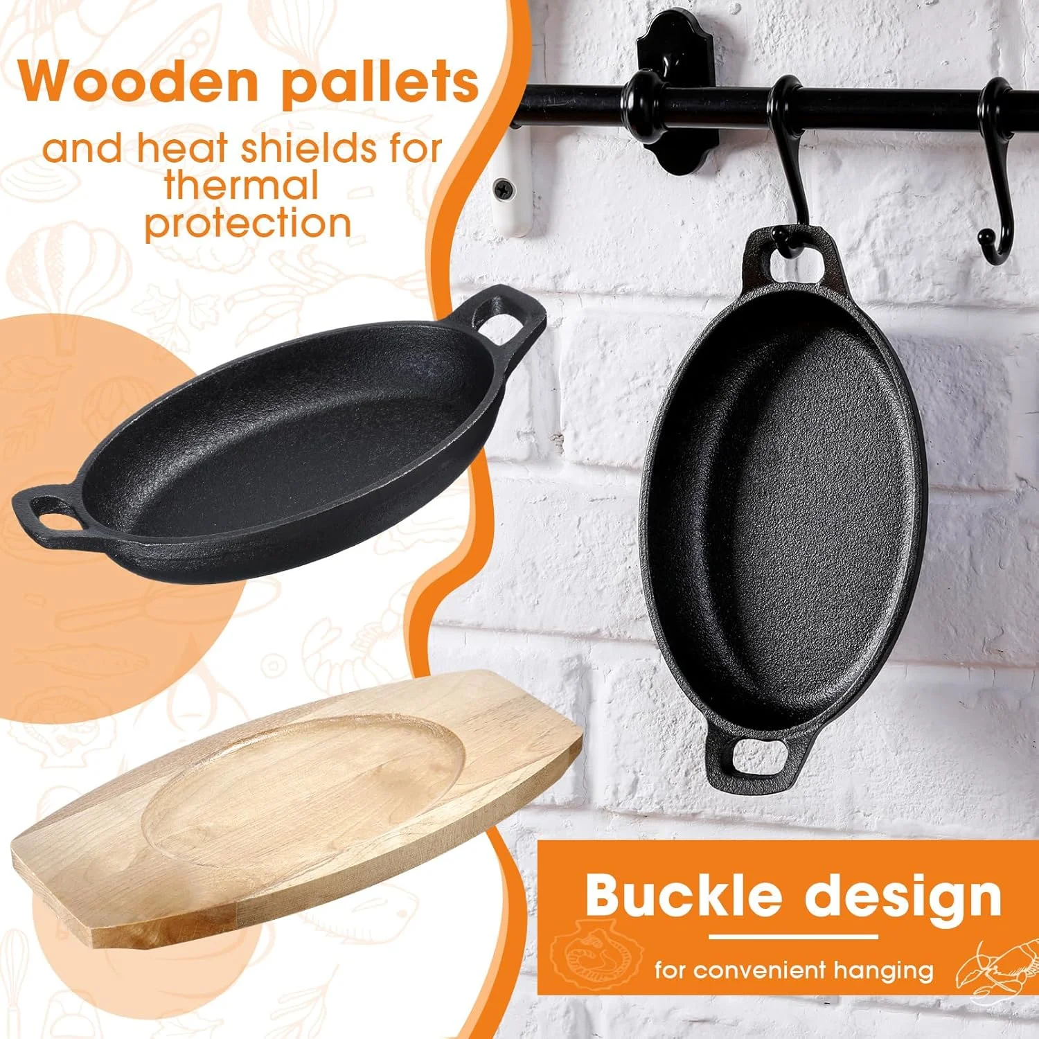 میفوچی 2 ست تابه چدنی با پایه چوبی، بشقاب های کوچک چدنی فاهیتا، تابه چدنی نانوایی مشکی مات، تابه کوچک چدنی برای آشپزخانه، رستوران، باربیکیو، شام (21.5x15.5x4.2 سانتی متر)