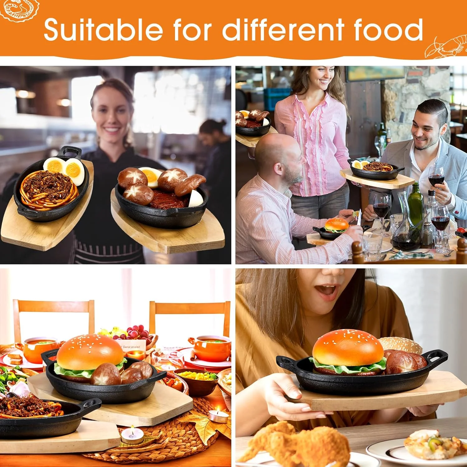 میفوچی 2 ست تابه چدنی با پایه چوبی، بشقاب های کوچک چدنی فاهیتا، تابه چدنی نانوایی مشکی مات، تابه کوچک چدنی برای آشپزخانه، رستوران، باربیکیو، شام (21.5x15.5x4.2 سانتی متر)