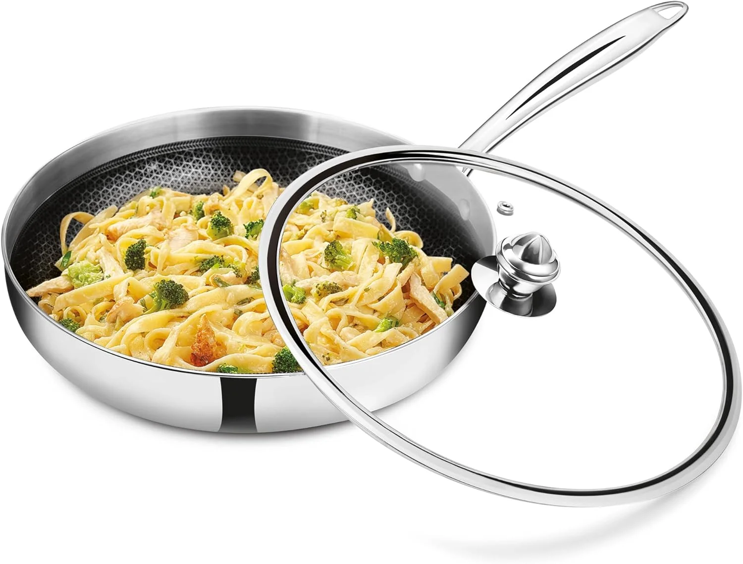 تابه استیل نچسب سه لایه میلتون پرو کوک هگزا تک مناسب اجاق القایی به همراه درب شیشه ای، 24 سانتی متر، نقره ای، ساختار لانه زنبوری، تابه برای تهیه کاری، املت، مناسب برای اجاق گاز و القایی