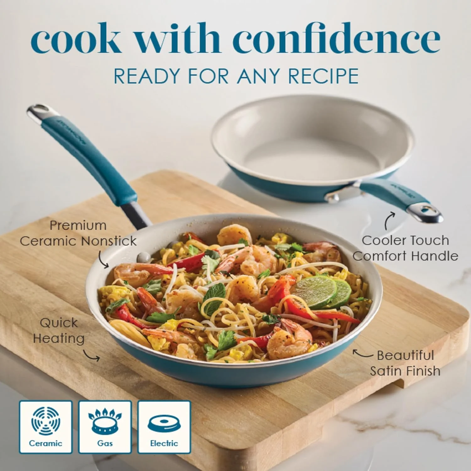 ست تابه سرامیکی نچسب ریچل ری Cucina، قابل شستشو در ماشین ظرفشویی، تابه های باز 8.5 اینچی و 10 اینچی - آبی دریایی ست تابه سرامیکی نچسب ریچل ری Cucina، قابل شستشو در ماشین ظرفشویی، تابه های باز 8.5 اینچی و 10 اینچی - آبی دریایی