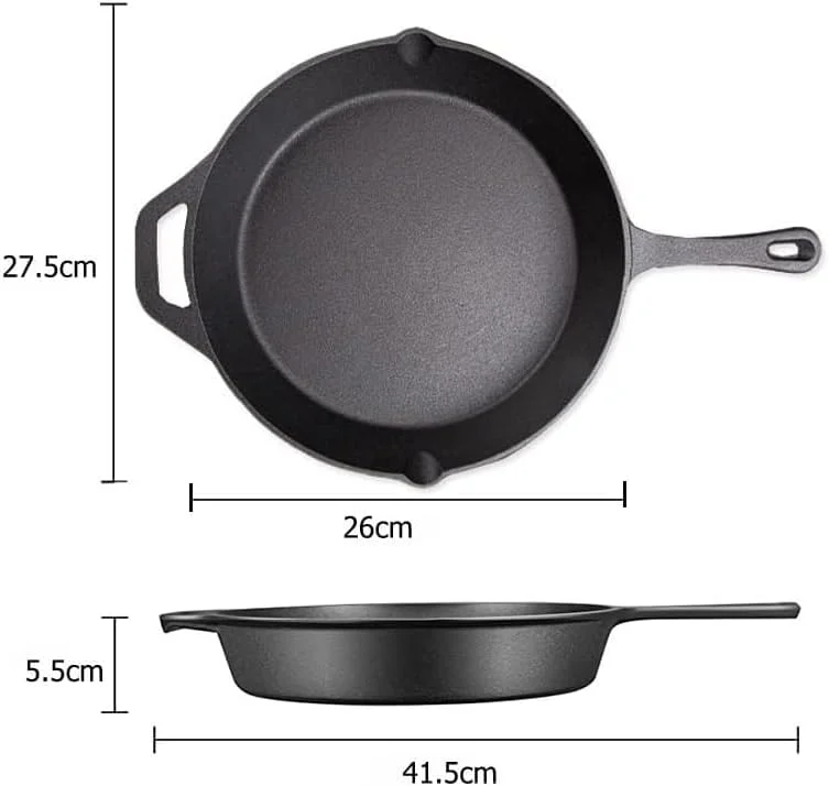 تابه چدنی از پیش روغن‌کاری شده QUESERA، مشکی، 26 سانتی‌متری، گرد، چدن، مناسب برای باربیکیو/آتش کمپ، القایی، سرامیکی، اجاق‌های برقی و گازی (همراه با دسته سیلیکونی)