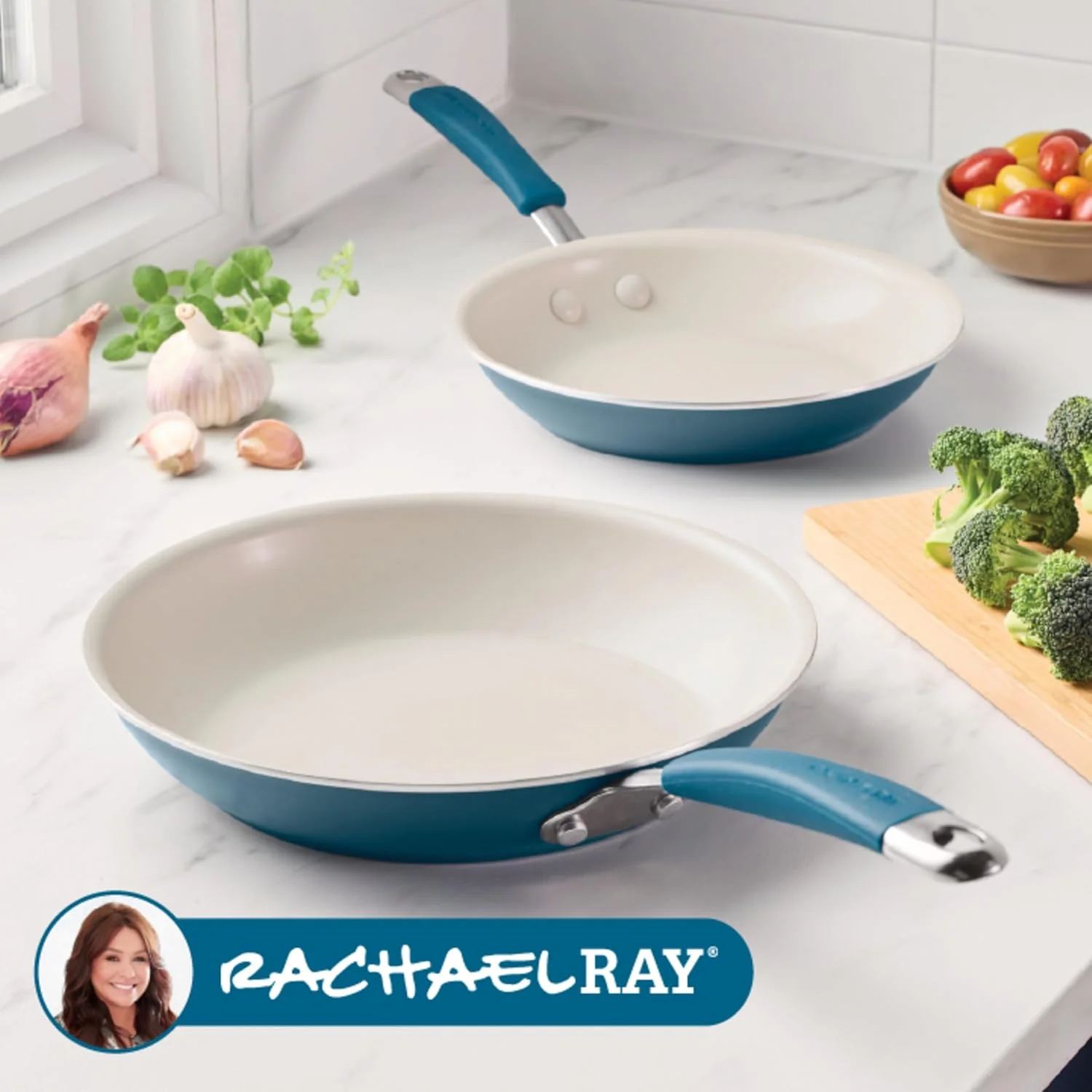 ست تابه سرامیکی نچسب ریچل ری Cucina، قابل شستشو در ماشین ظرفشویی، تابه های باز 8.5 اینچی و 10 اینچی - آبی دریایی ست تابه سرامیکی نچسب ریچل ری Cucina، قابل شستشو در ماشین ظرفشویی، تابه های باز 8.5 اینچی و 10 اینچی - آبی دریایی