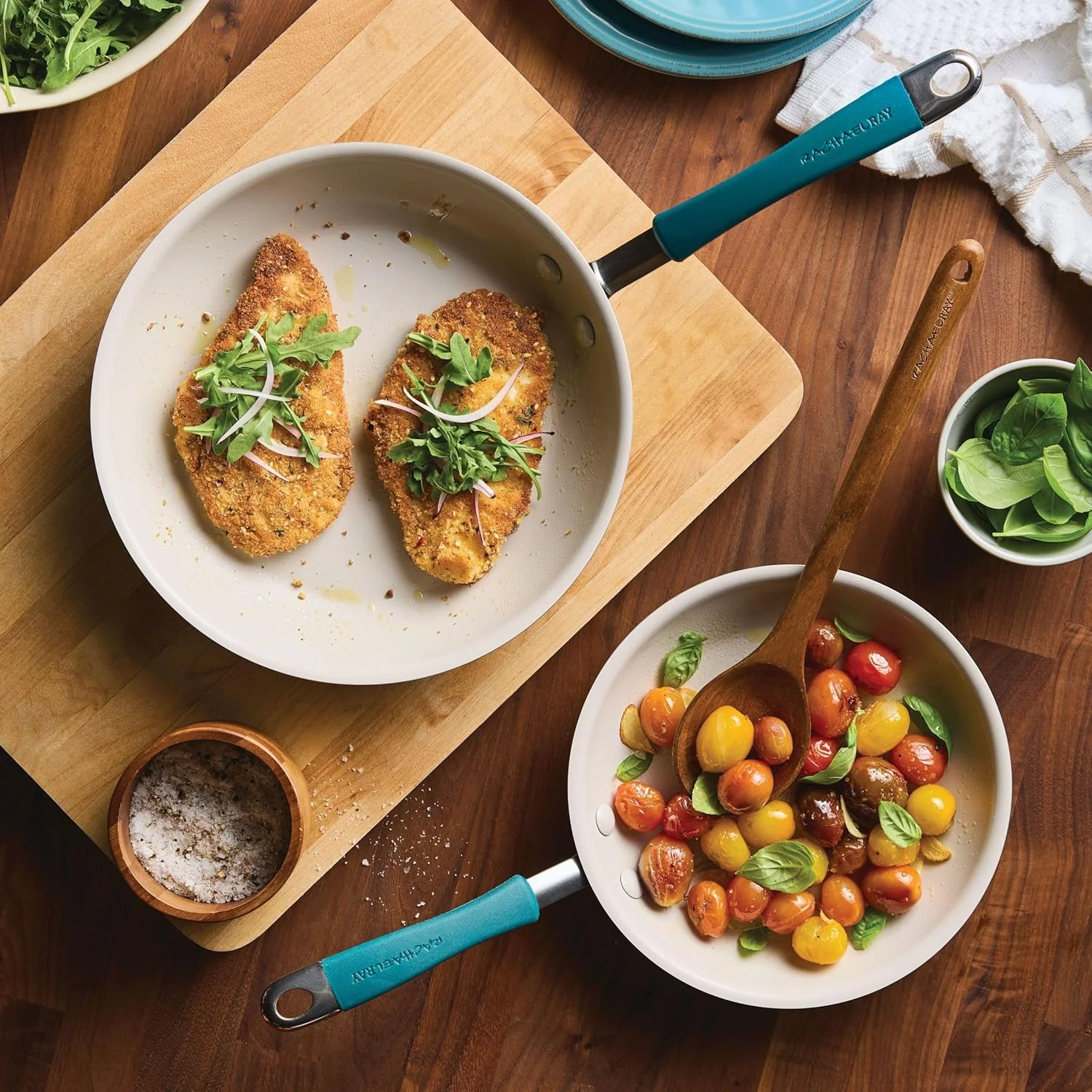 ست تابه سرامیکی نچسب ریچل ری Cucina، قابل شستشو در ماشین ظرفشویی، تابه های باز 8.5 اینچی و 10 اینچی - آبی دریایی ست تابه سرامیکی نچسب ریچل ری Cucina، قابل شستشو در ماشین ظرفشویی، تابه های باز 8.5 اینچی و 10 اینچی - آبی دریایی