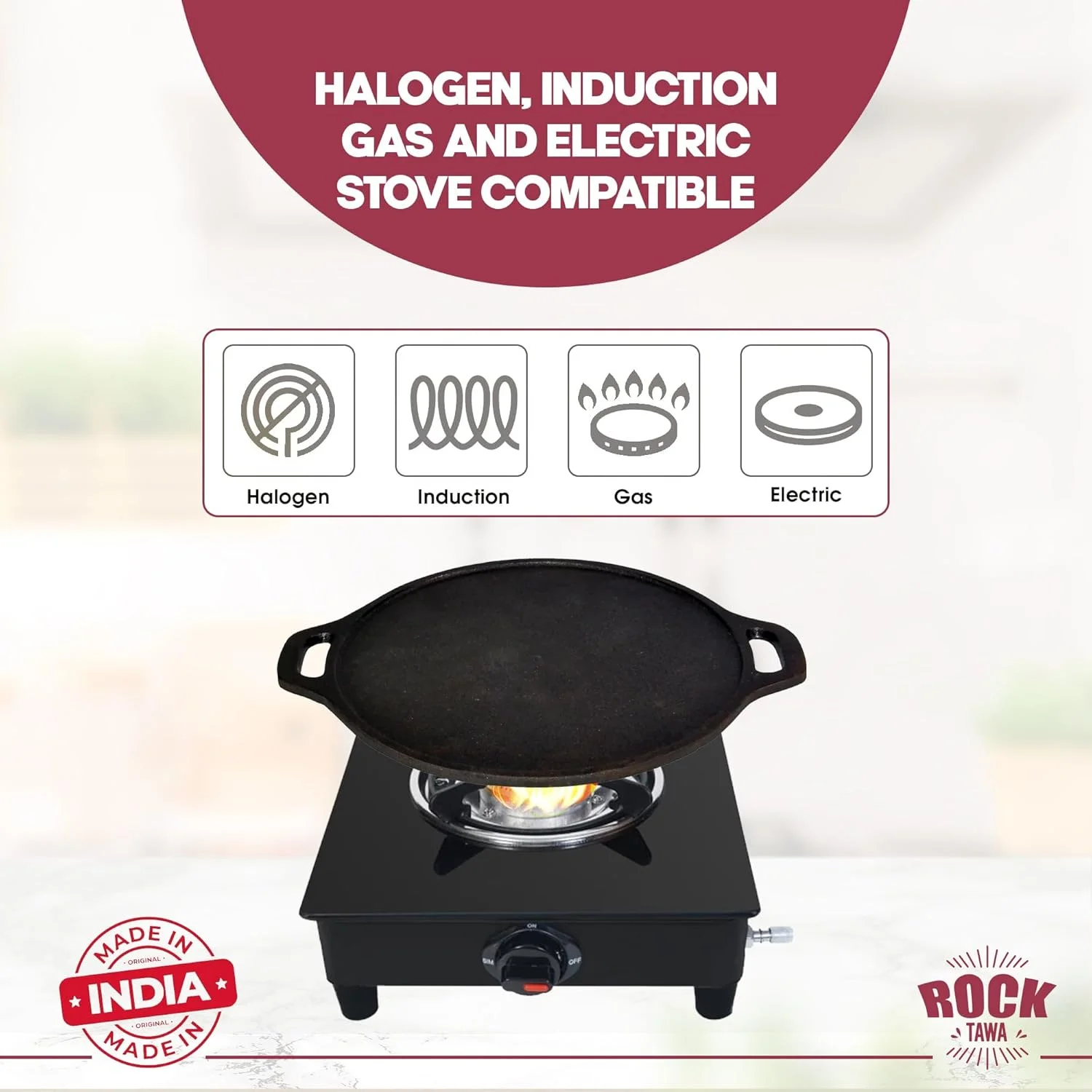 تابه چدنی راک تاوا از پیش روغن‌کاری شده برای پخت دوسا (مشکی، 12.50 اینچ)