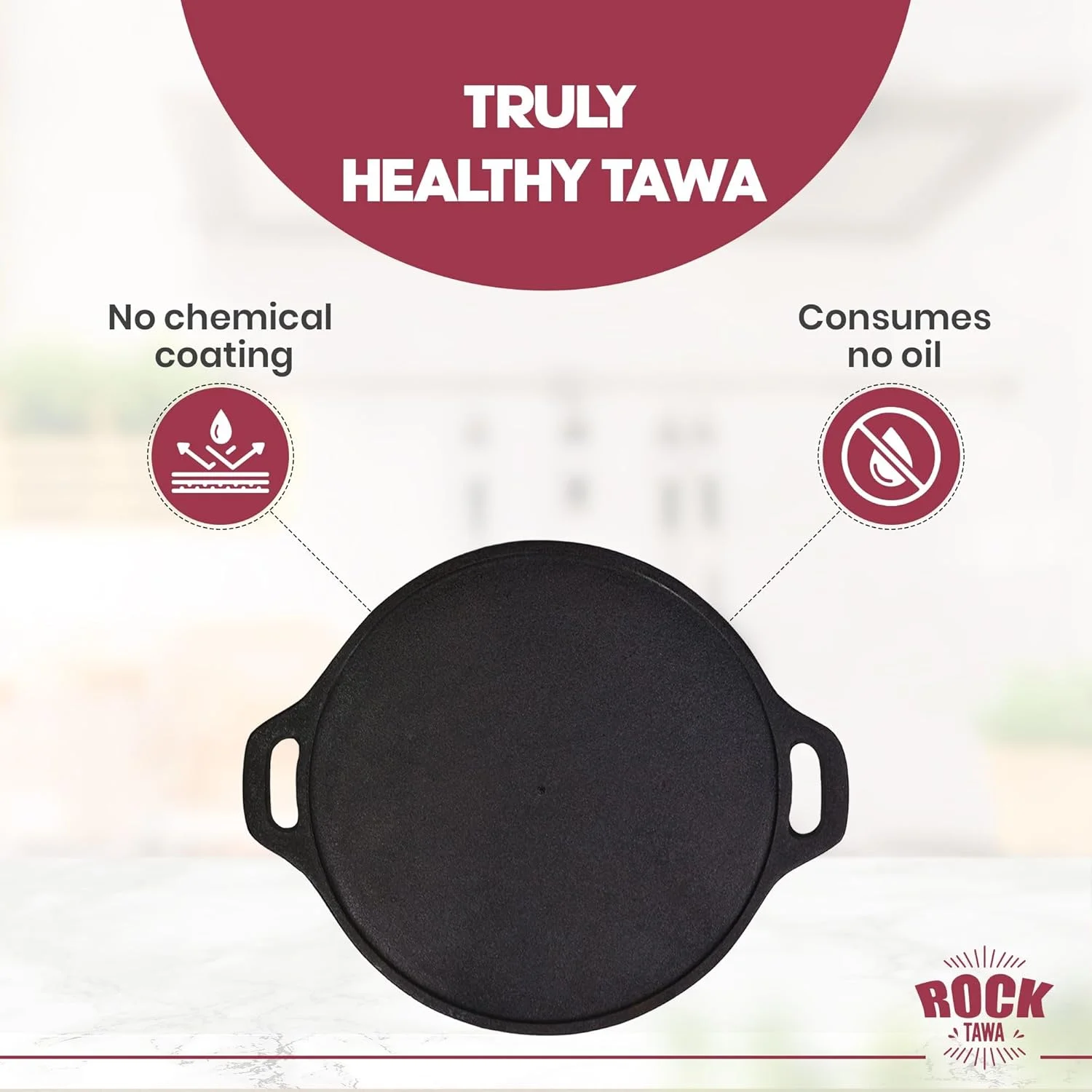 تابه چدنی راک تاوا از پیش روغن‌کاری شده برای پخت دوسا (مشکی، 12.50 اینچ)