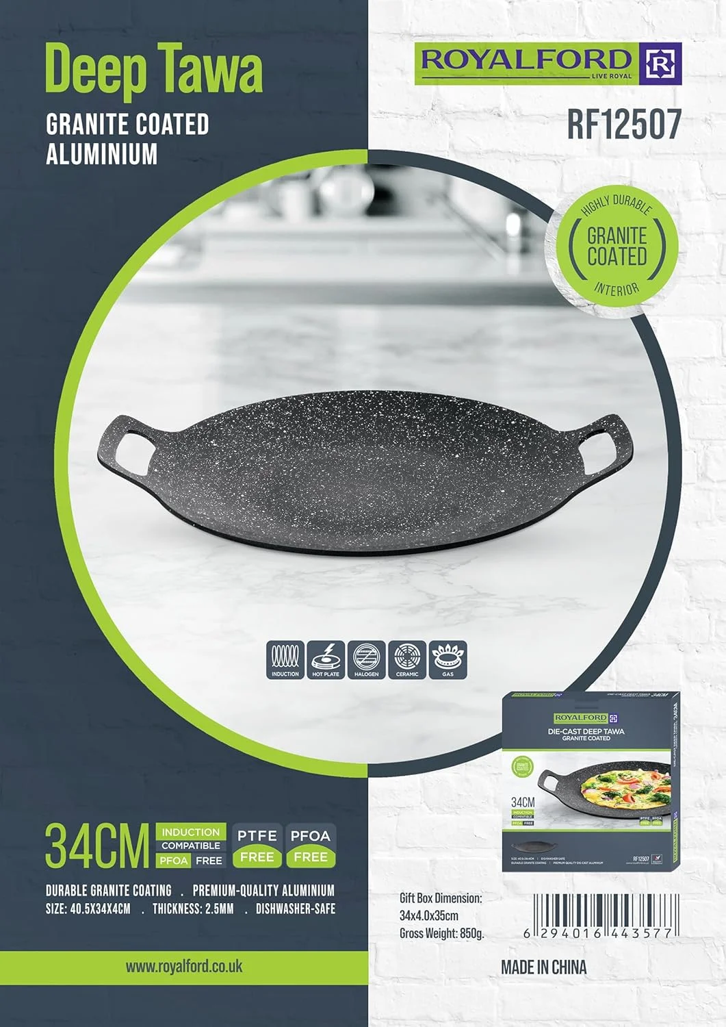 تاوه گود 34 سانتی متری رویال فورد مدل RF12507، بدنه آلومینیومی با پوشش نچسب گرانیتی، مناسب برای تهیه روتی، چاپاتی، دوسا، تورتیلا، کرپ، پنکیک، تابه گریل تخت، تابه سرخ کردنی سازگار با همه اجاق گازها تاوه گود 34 سانتی متری رویال فورد مدل RF12507، بدنه آلومینیومی با پوشش نچسب گرانیتی، مناسب برای تهیه روتی، چاپاتی، دوسا، تورتیلا، کرپ، پنکیک، تابه گریل تخت، تابه سرخ کردنی سازگار با همه اجاق گازها