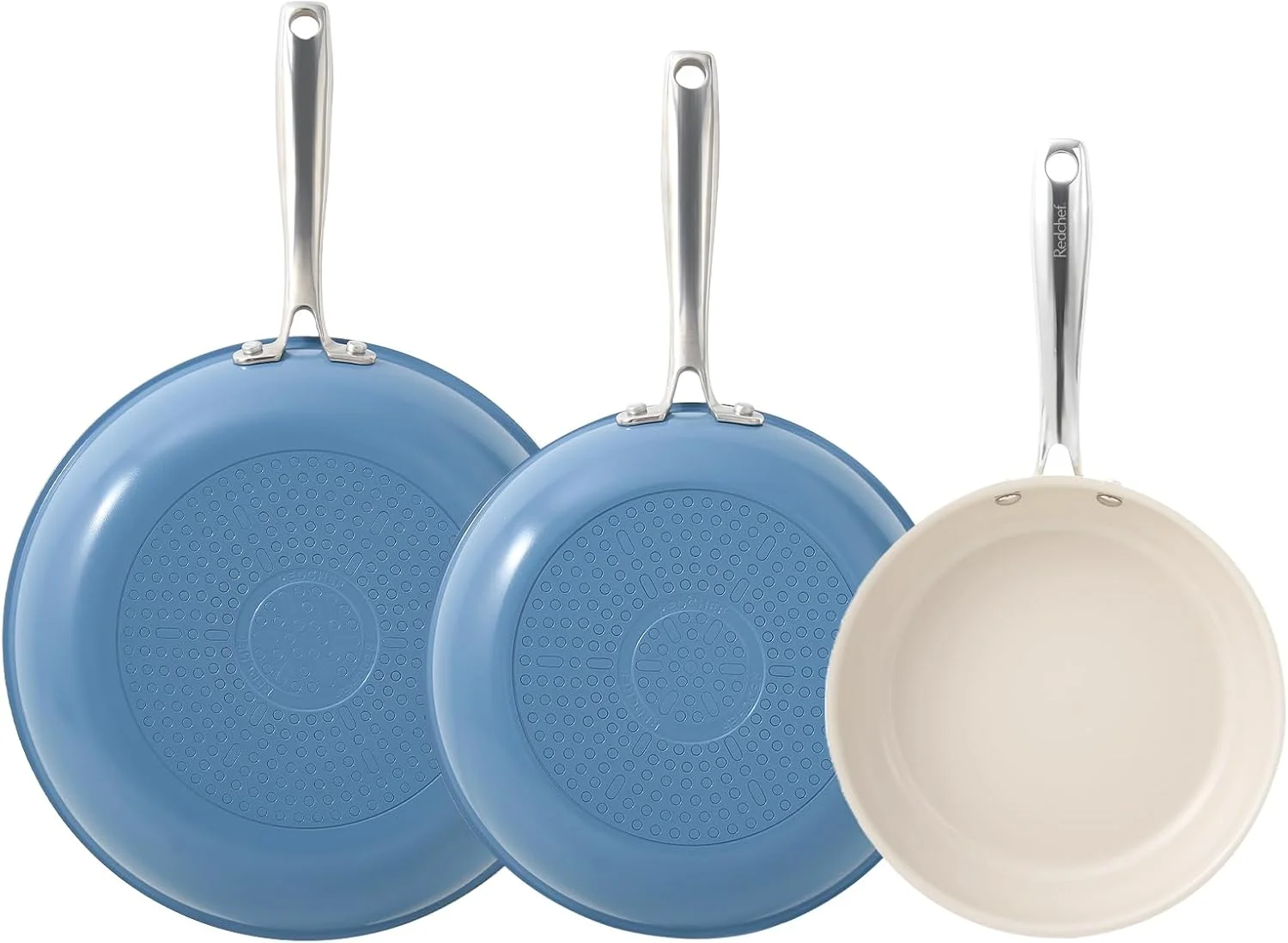 ست تابه سرامیکی نچسب Redchef، تابه های سرامیکی غیر سمی برای پخت و پز، ست تابه 8، 9.5 و 11 اینچی، بدون PFAS، PTFE و PFOA با دسته استیل ضد زنگ، قابل شستشو در ماشین ظرفشویی و ایمن در فر تا 842 درجه فارنهایت (آبی)