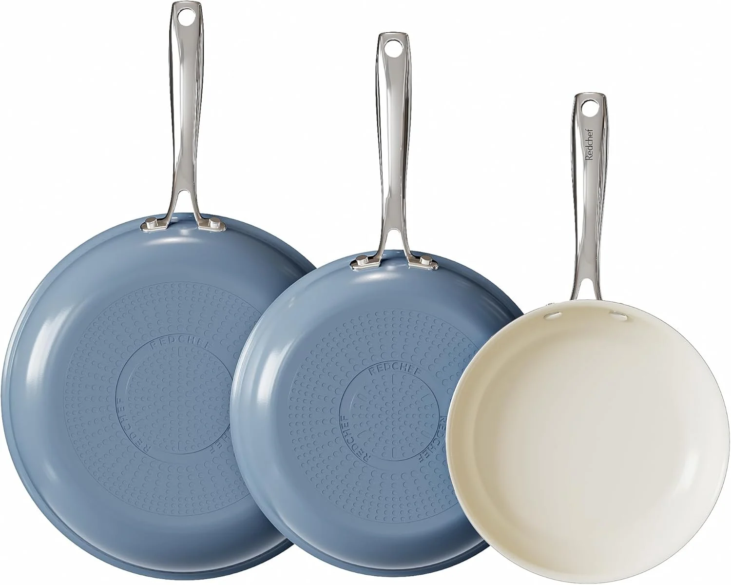 Redchef Non Stick Frying Pan, 20 24 28cm Ceramic Pots and Pan Set for Cooking, 8" 9.5" 11" Skillet Set, No PFAS & PTFE & PFOA with Stainless Steel Handle, Oven Safe Max to 842°F (Blue)