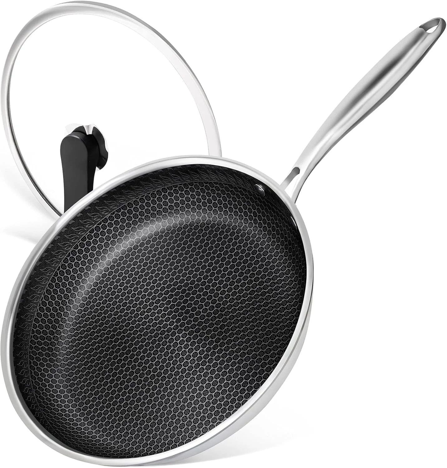 تابه استیل 30 سانتی‌متری MICHELANGELO با درب، نچسب با پوشش لانه زنبوری، تابه سه لایه - سازگار با اجاق القایی