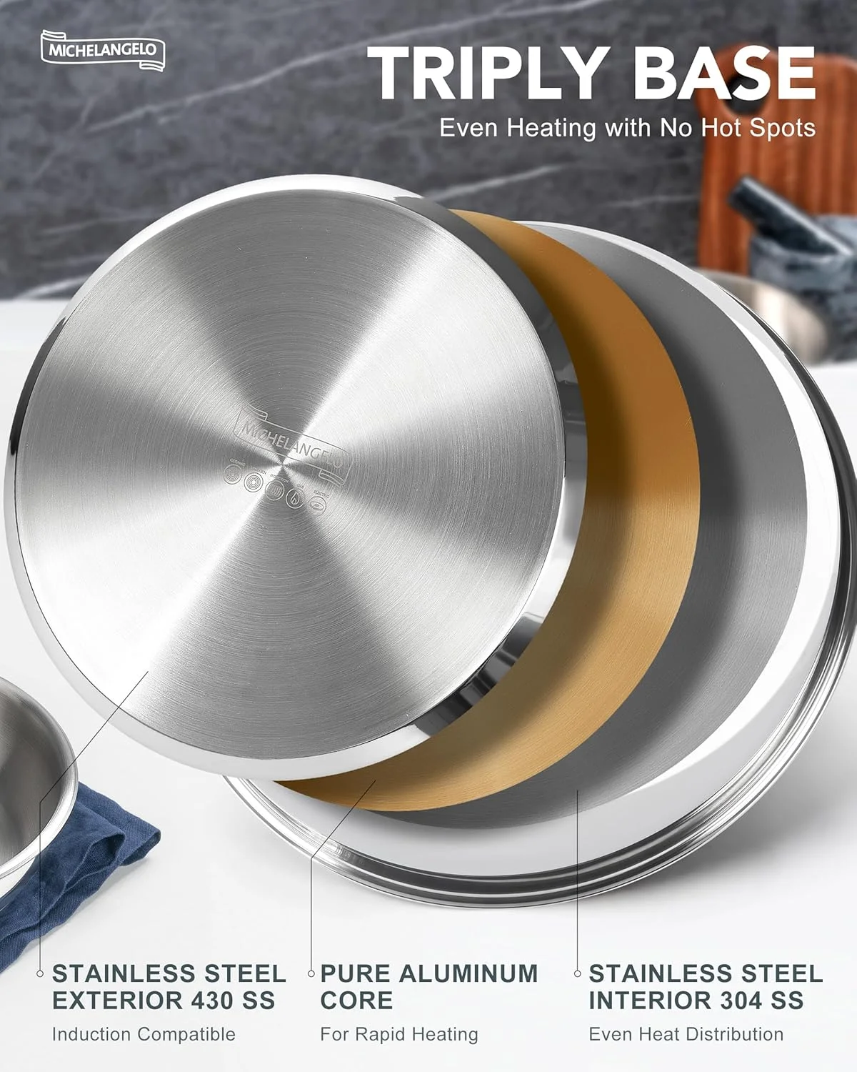 ست تابه استیل MICHELANGELO، تابه های پخت و پز با دسته جداشدنی، ست تابه استیل با پایه سه لایه، تابه سازگار با القایی - 8 اینچ و 9.5 اینچ و 11 اینچ
