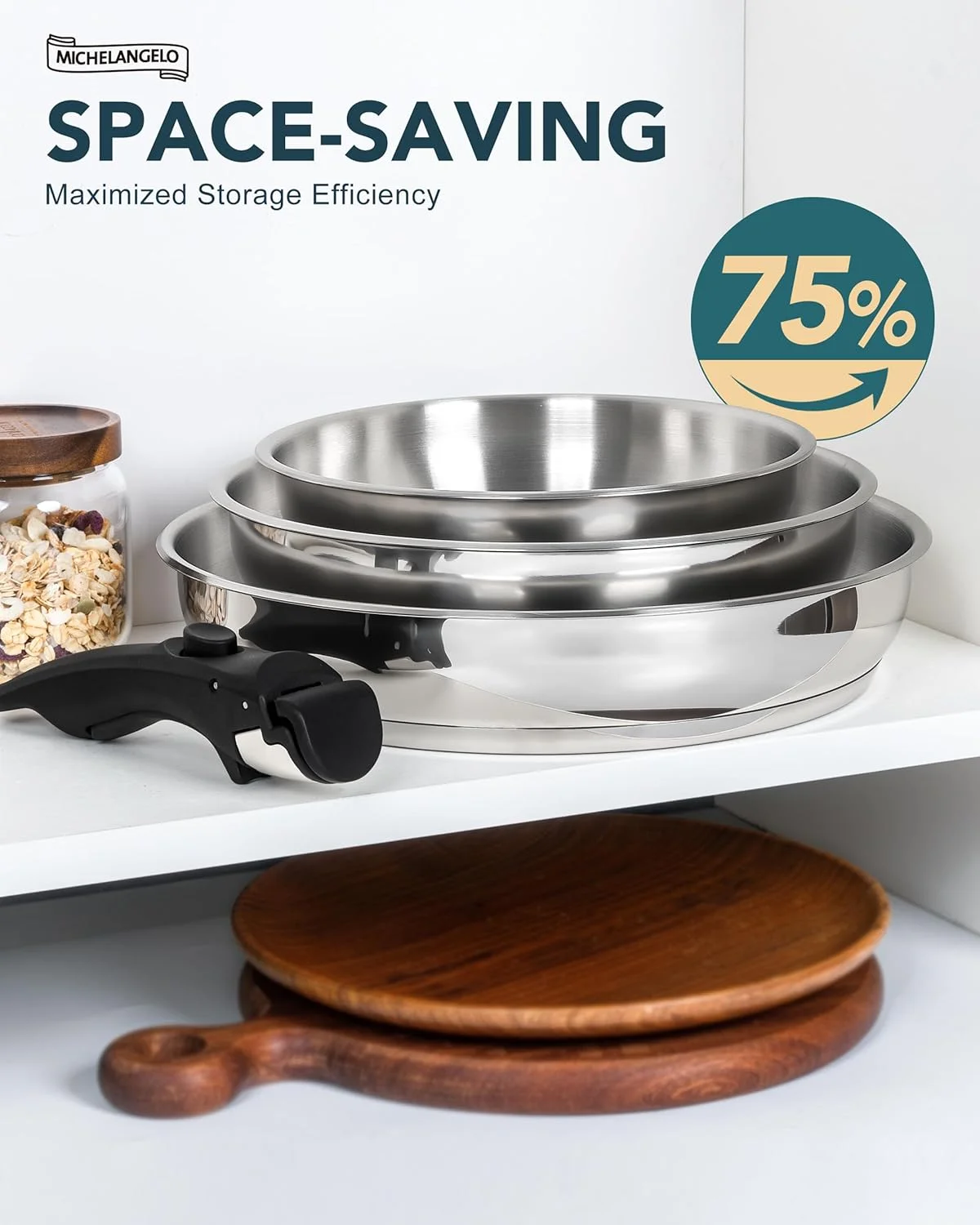 ست تابه استیل MICHELANGELO، تابه های پخت و پز با دسته جداشدنی، ست تابه استیل با پایه سه لایه، تابه سازگار با القایی - 8 اینچ و 9.5 اینچ و 11 اینچ
