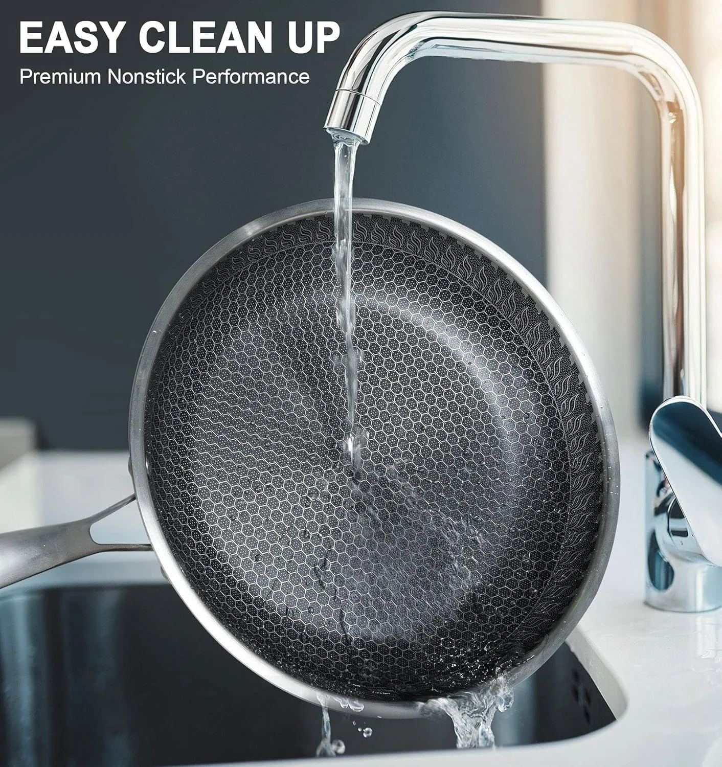 تابه استیل 30 سانتی‌متری MICHELANGELO با درب، نچسب با پوشش لانه زنبوری، تابه سه لایه - سازگار با اجاق القایی