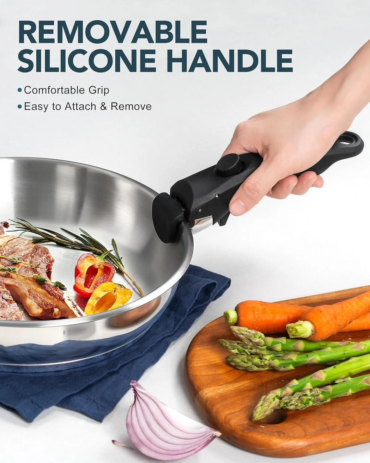 ست تابه استیل MICHELANGELO، تابه های پخت و پز با دسته جداشدنی، ست تابه استیل با پایه سه لایه، تابه سازگار با القایی - 8 اینچ و 9.5 اینچ و 11 اینچ