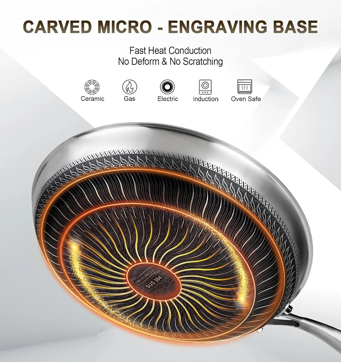 تابه استیل 30 سانتی‌متری MICHELANGELO با درب، نچسب با پوشش لانه زنبوری، تابه سه لایه - سازگار با اجاق القایی