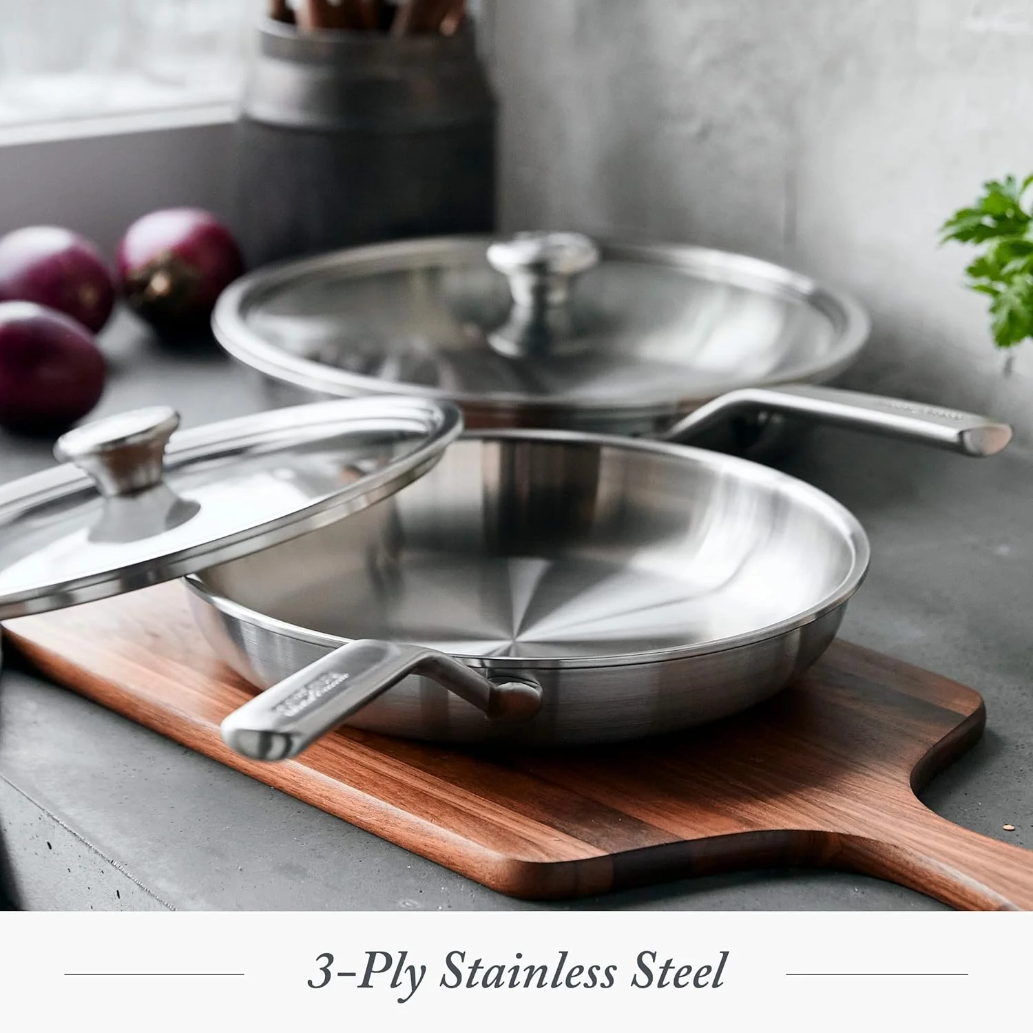 Merten & Storck Tri-Ply Stainless Steel Induction 26cm and 30cm Frying Pan Skillet Set with Lids, Multi Clad, Oven Safe, Silver