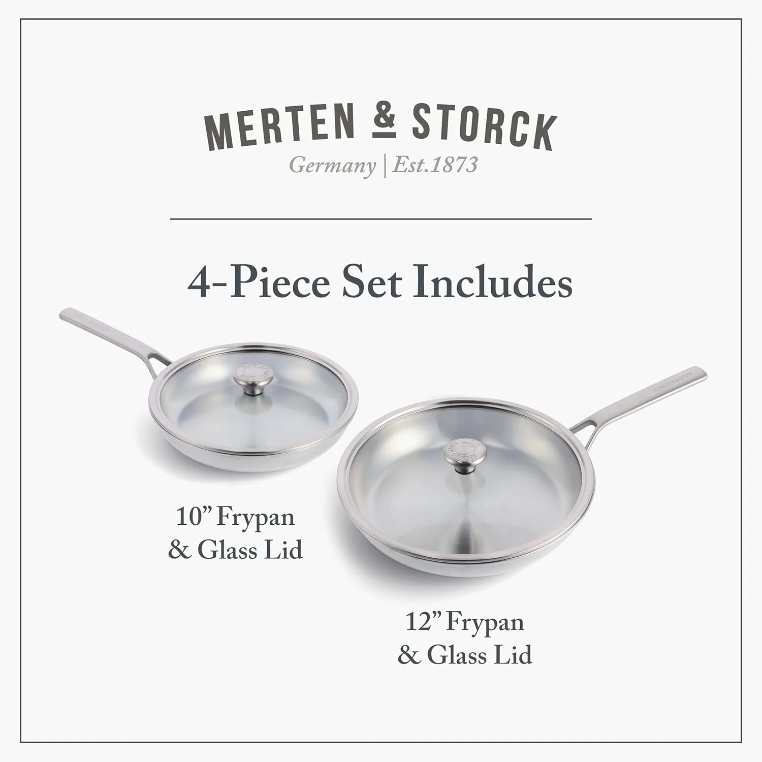Merten & Storck Tri-Ply Stainless Steel Induction 26cm and 30cm Frying Pan Skillet Set with Lids, Multi Clad, Oven Safe, Silver