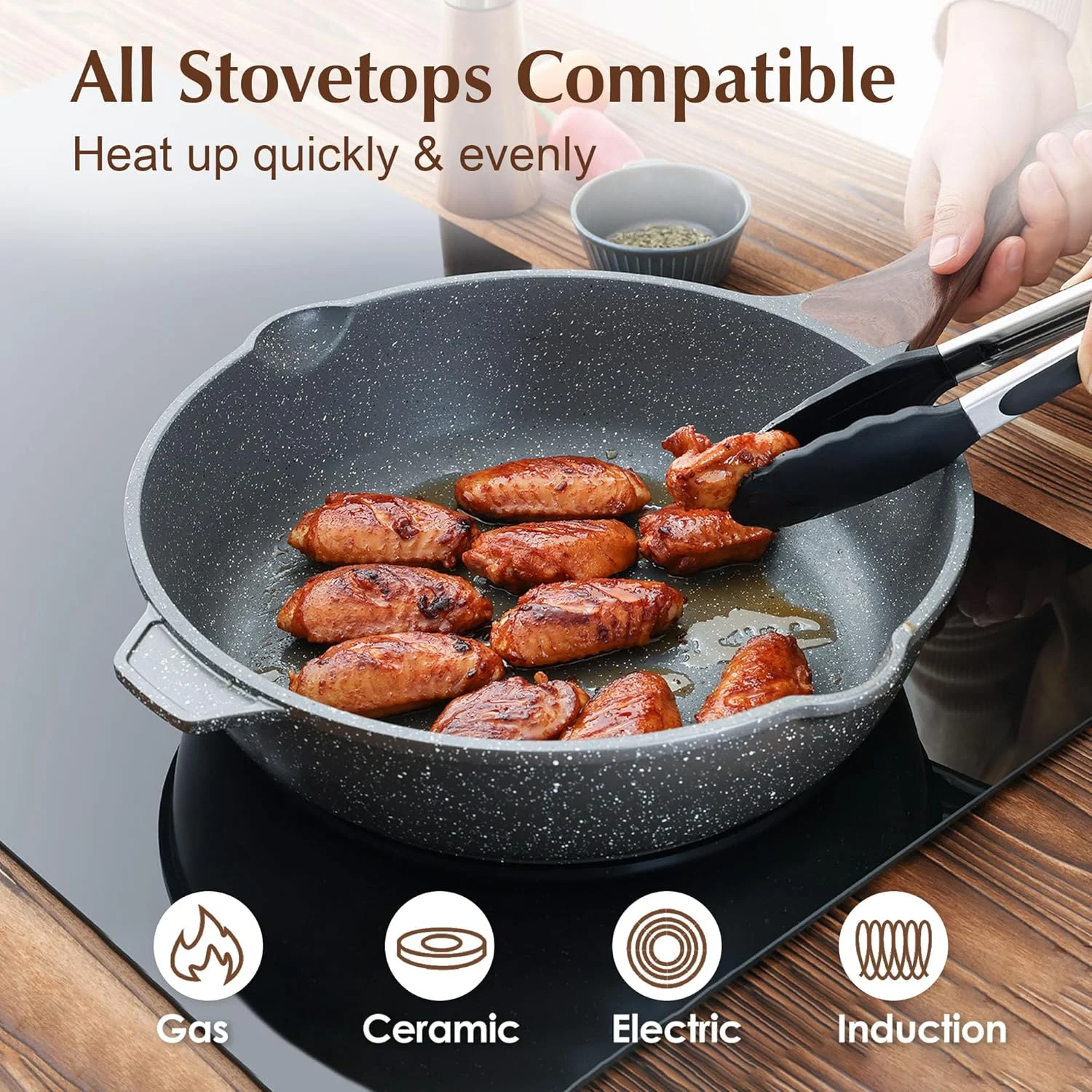 SENSARTE Nonstick Deep Frying Pan Skillet, 12-inch Saute Pan with Lid, Stay-cool Handle, Chef Pan Healthy Stone Cookware Cooking Pan, Induction Compatible, PFOA Free- Grey