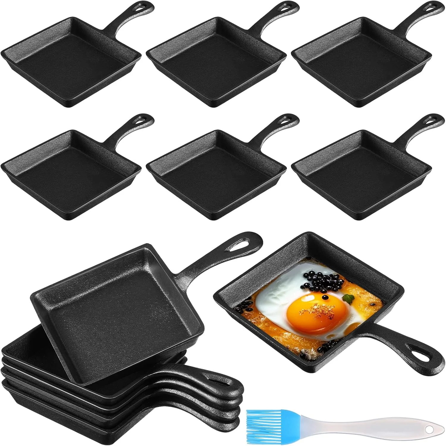 ست 10 تایی تابه های کوچک چدنی Skylety، تابه چدنی مشکی کوچک، صفحه چدنی کوچک، تابه سرخ کردنی کوچک چدنی به همراه برس روغن برای آشپزخانه رستوران داخلی و خارجی (مربع)