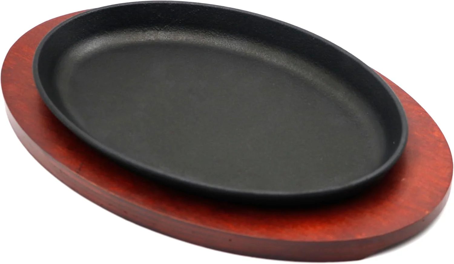 تابه چدنی گریس، صفحه گریل با پایه چوبی، تابه فاجیتای چدنی مناسب سرو در منزل و رستوران (بیضی شکل - قطر 26.5 سانتی متر)