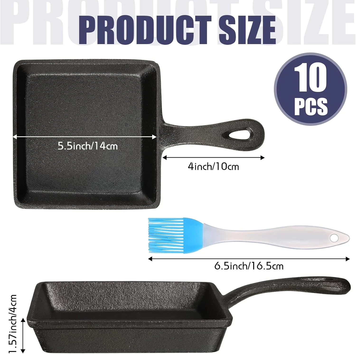 ست 10 تایی تابه های کوچک چدنی Skylety، تابه چدنی مشکی کوچک، صفحه چدنی کوچک، تابه سرخ کردنی کوچک چدنی به همراه برس روغن برای آشپزخانه رستوران داخلی و خارجی (مربع)