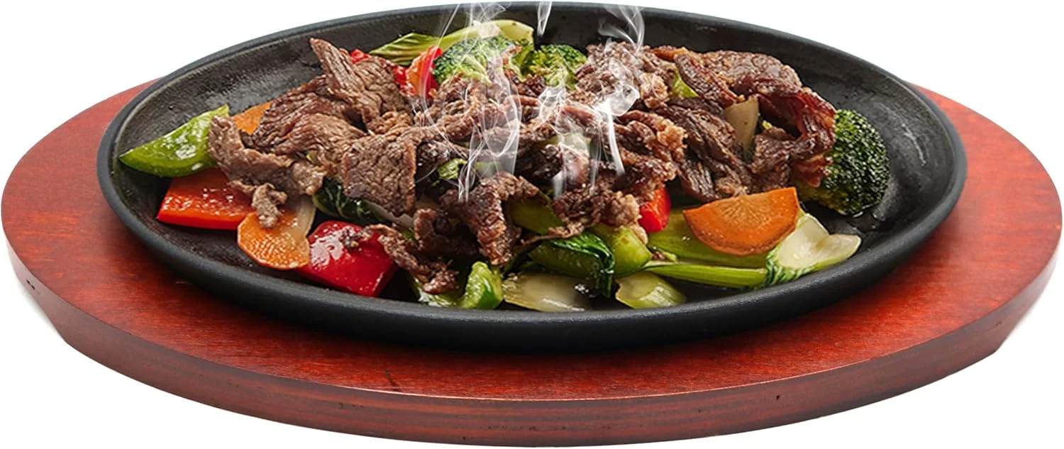 تابه چدنی گریس، صفحه گریل با پایه چوبی، تابه فاجیتای چدنی مناسب سرو در منزل و رستوران (بیضی شکل - قطر 26.5 سانتی متر) تابه چدنی گریس، صفحه گریل با پایه چوبی، تابه فاجیتای چدنی مناسب سرو در منزل و رستوران (بیضی شکل - قطر 26.5 سانتی متر)