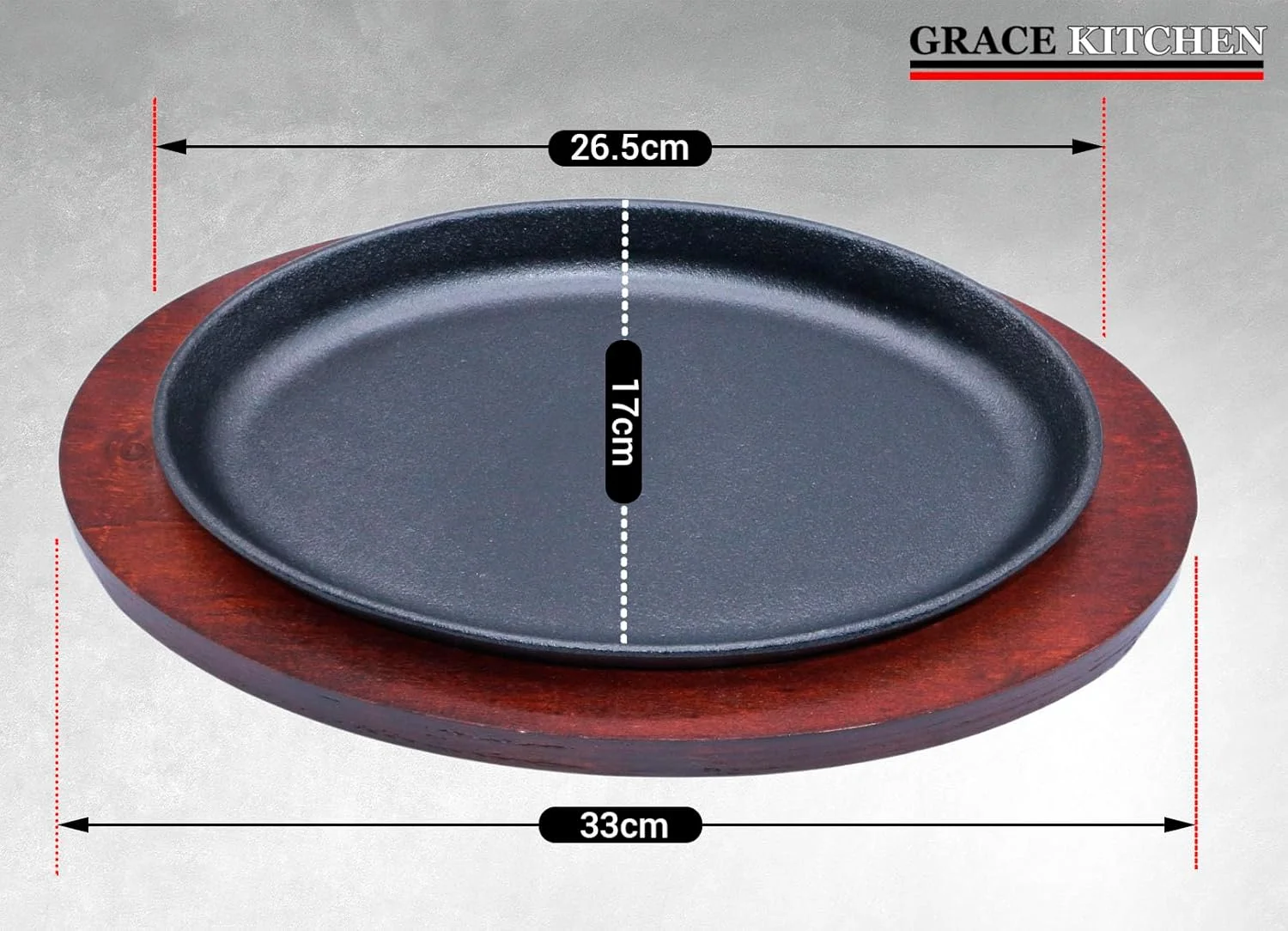 تابه چدنی گریس، صفحه گریل با پایه چوبی، تابه فاجیتای چدنی مناسب سرو در منزل و رستوران (بیضی شکل - قطر 26.5 سانتی متر) تابه چدنی گریس، صفحه گریل با پایه چوبی، تابه فاجیتای چدنی مناسب سرو در منزل و رستوران (بیضی شکل - قطر 26.5 سانتی متر)